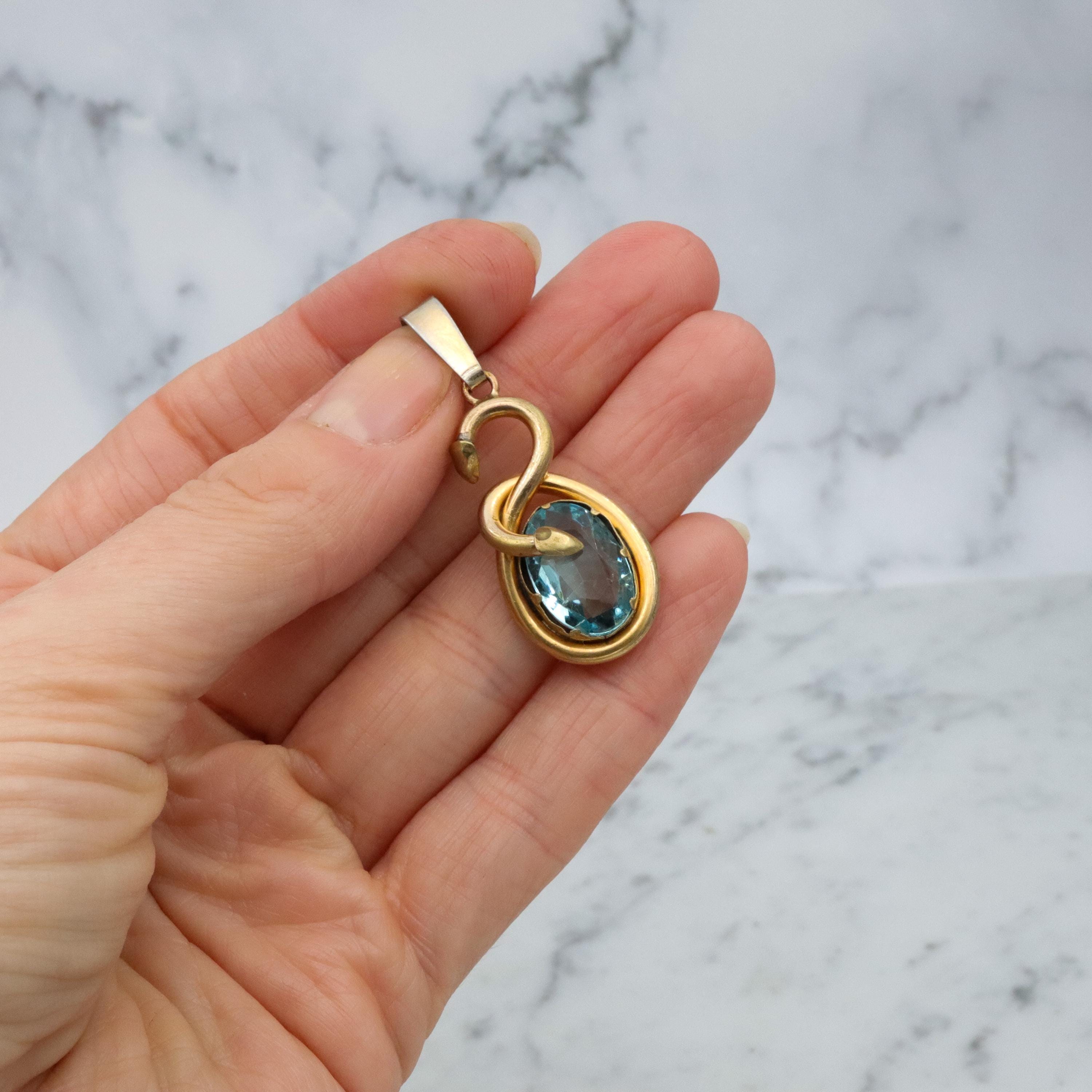 Victorian gilt metal & aqua glass snake pendant