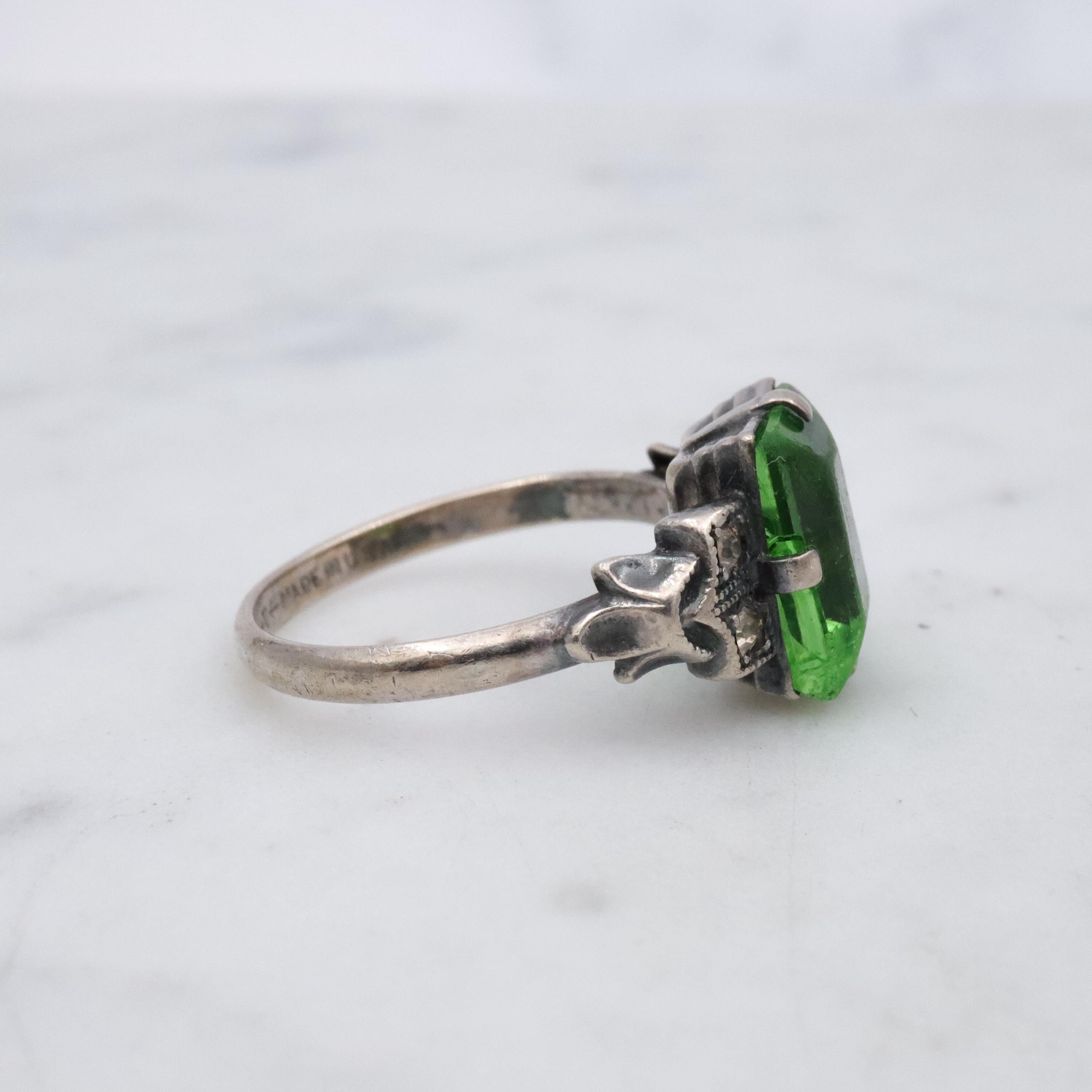 Uncas Deco sterling green glass petite ring, size 5