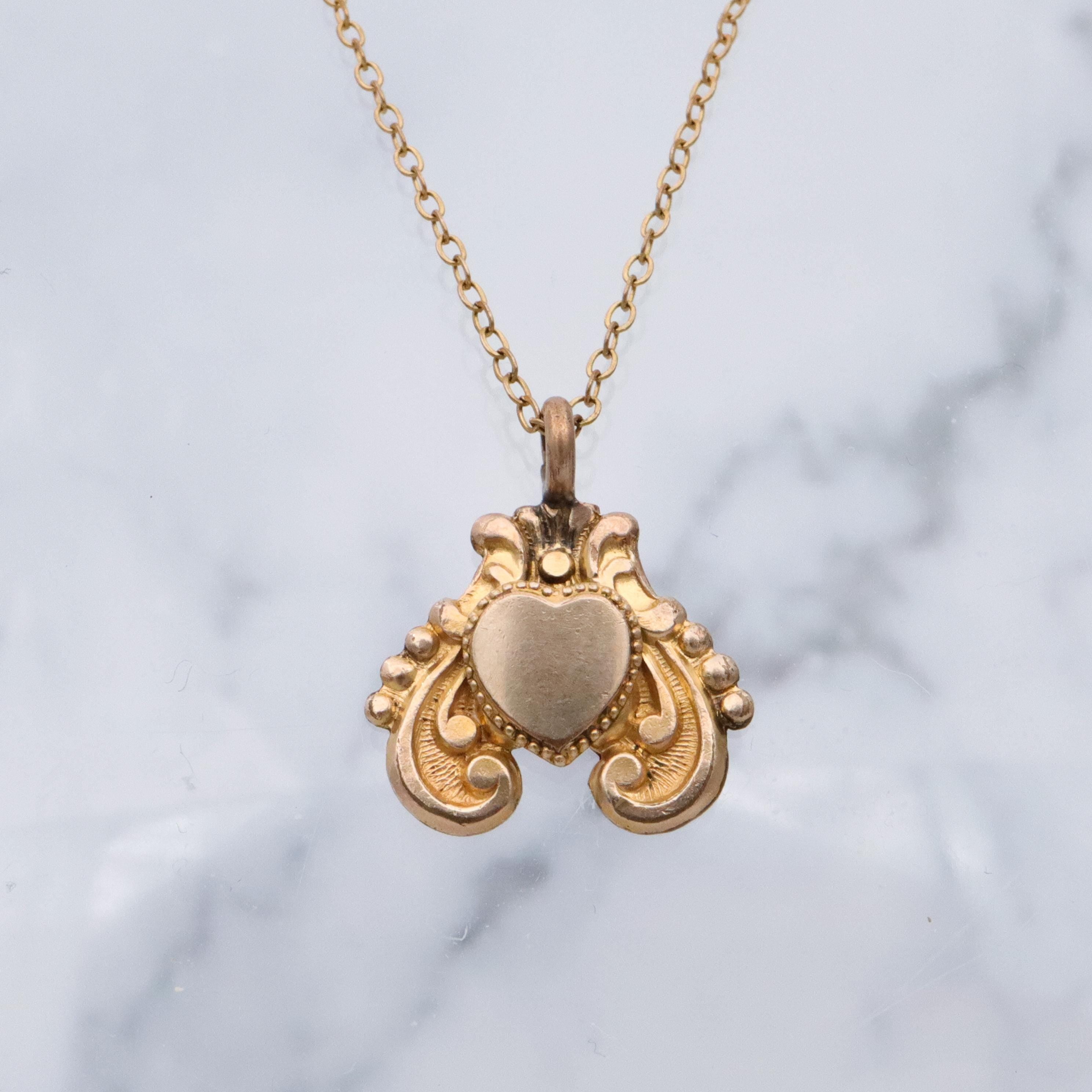 Victorian gold filled scroll & heart shield form fob pendant