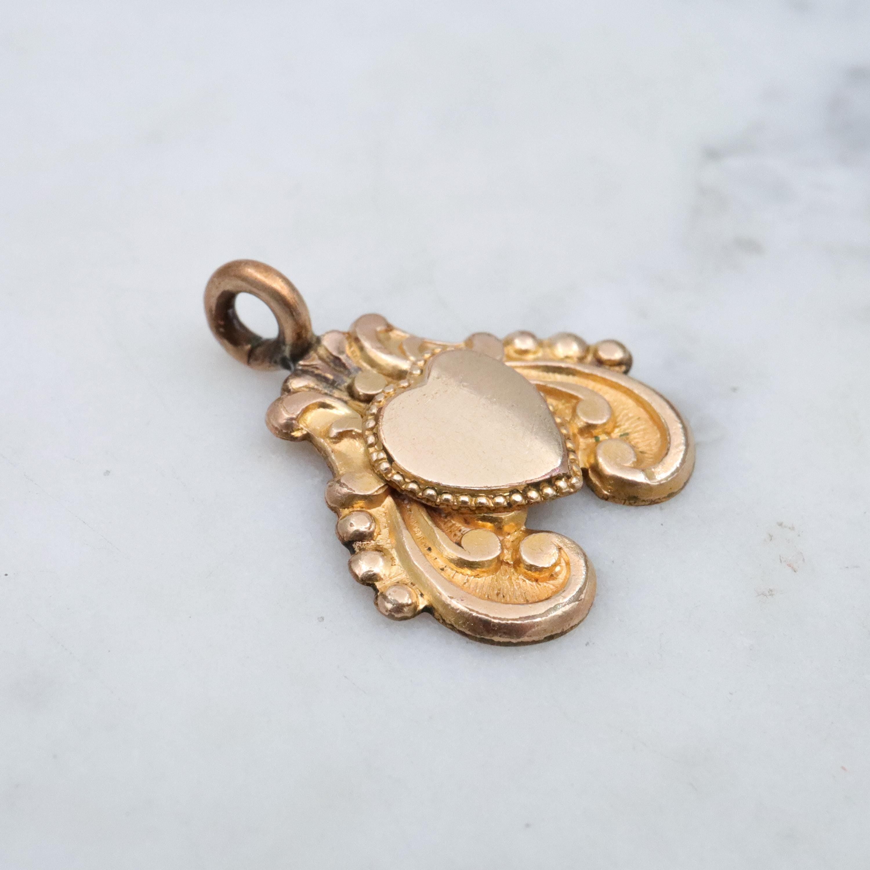 Victorian gold filled scroll & heart shield form fob pendant