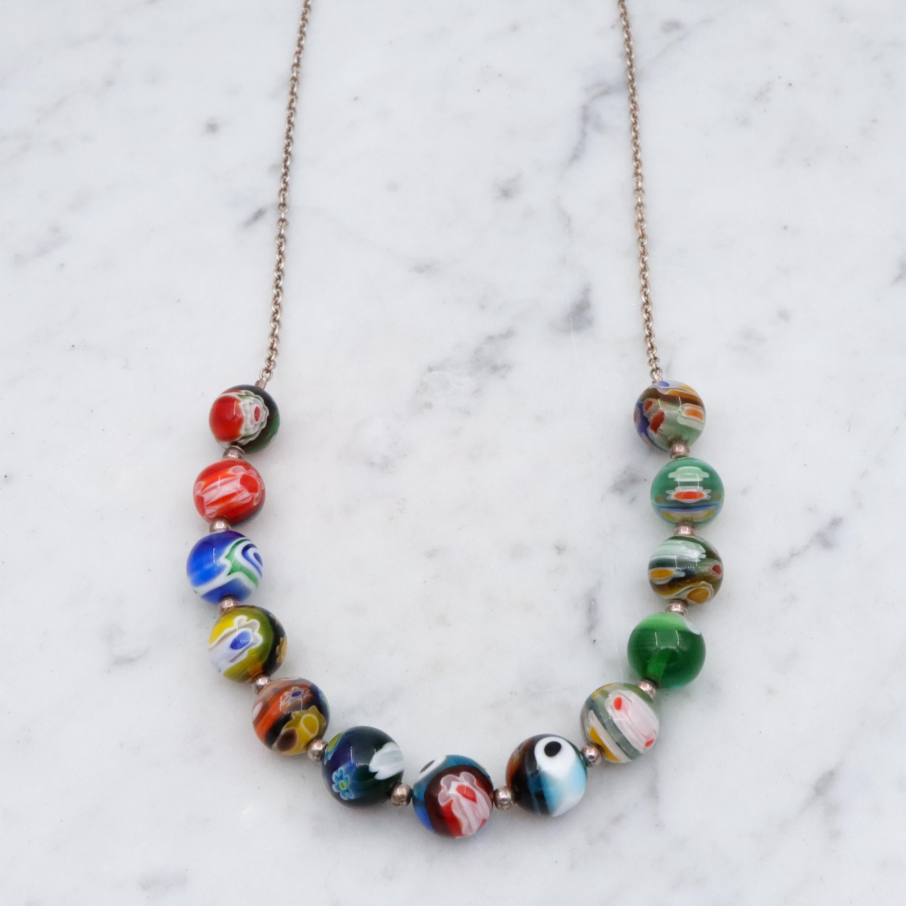 Vintage Italian millefiori bead sterling necklace, 18"