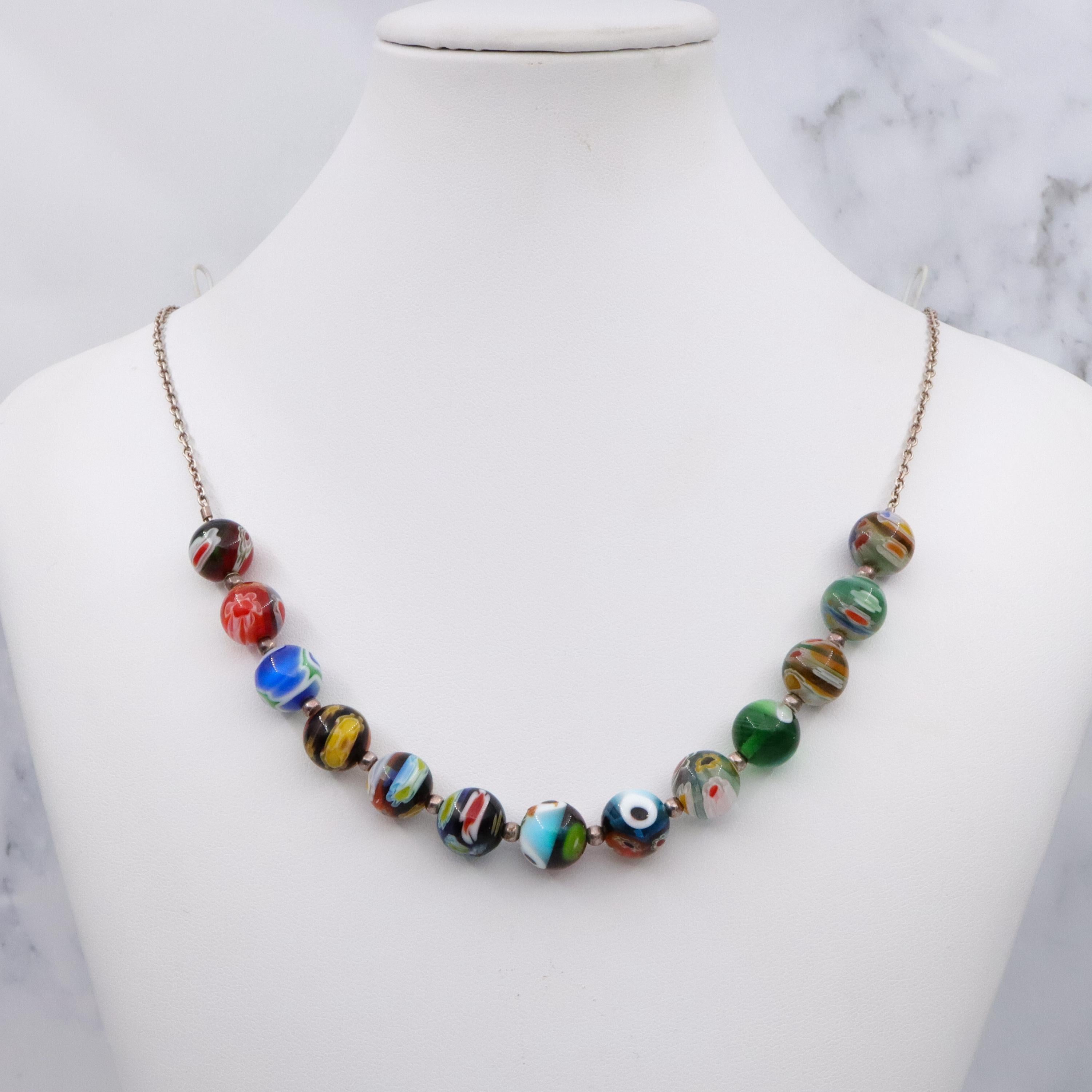 Vintage Italian millefiori bead sterling necklace, 18"