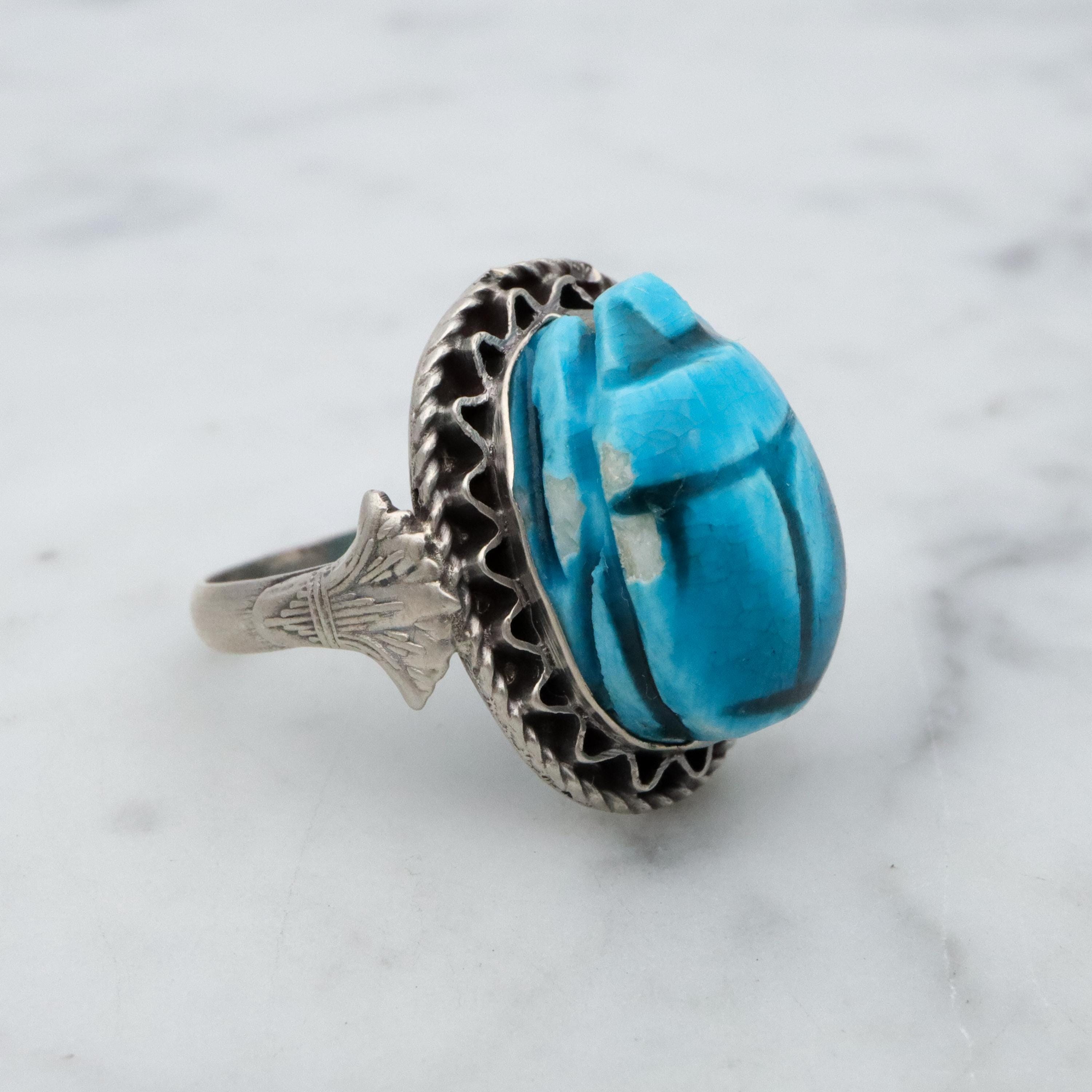 Mid Century Egyptian silver faience scarab ring, size 6