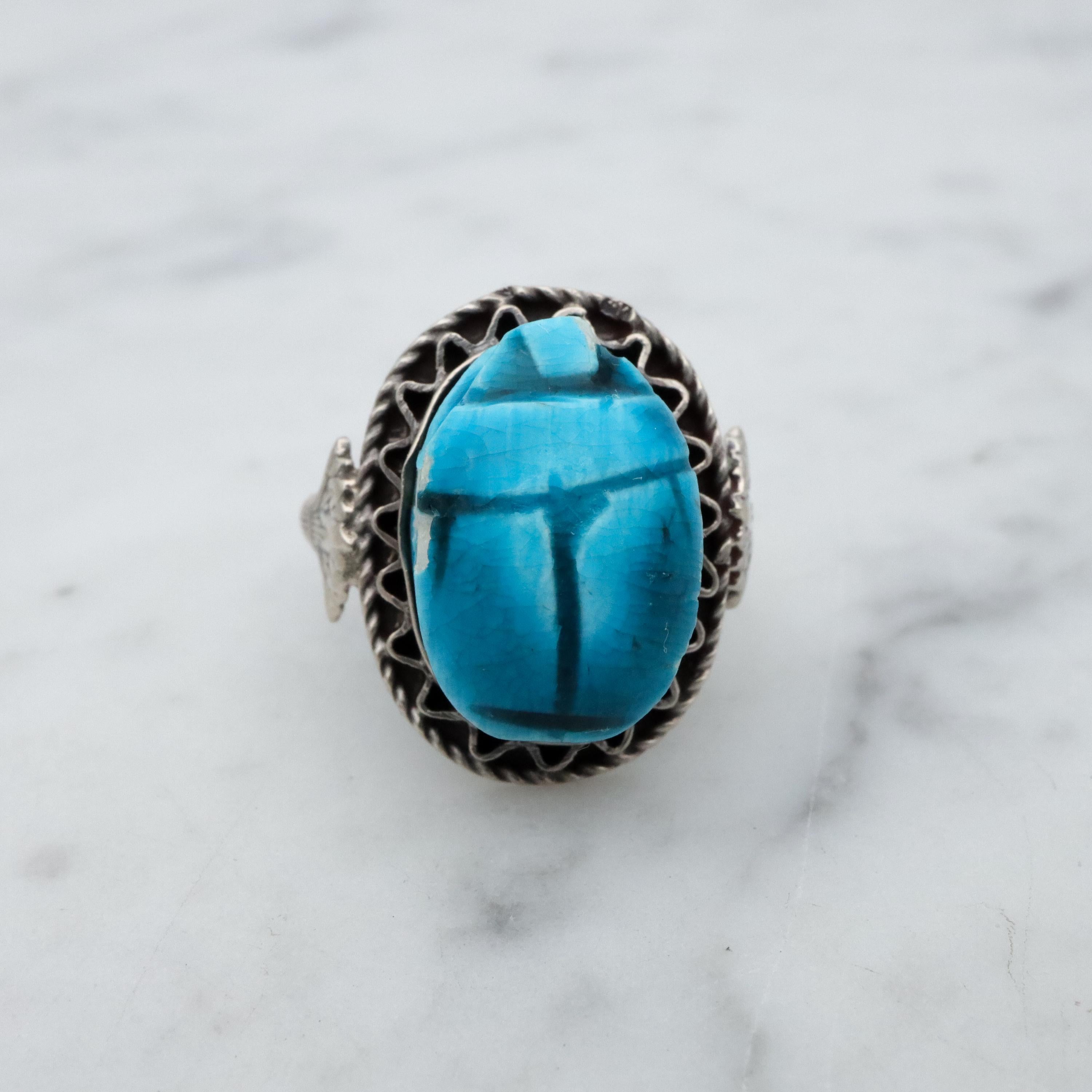 Mid Century Egyptian silver faience scarab ring, size 6