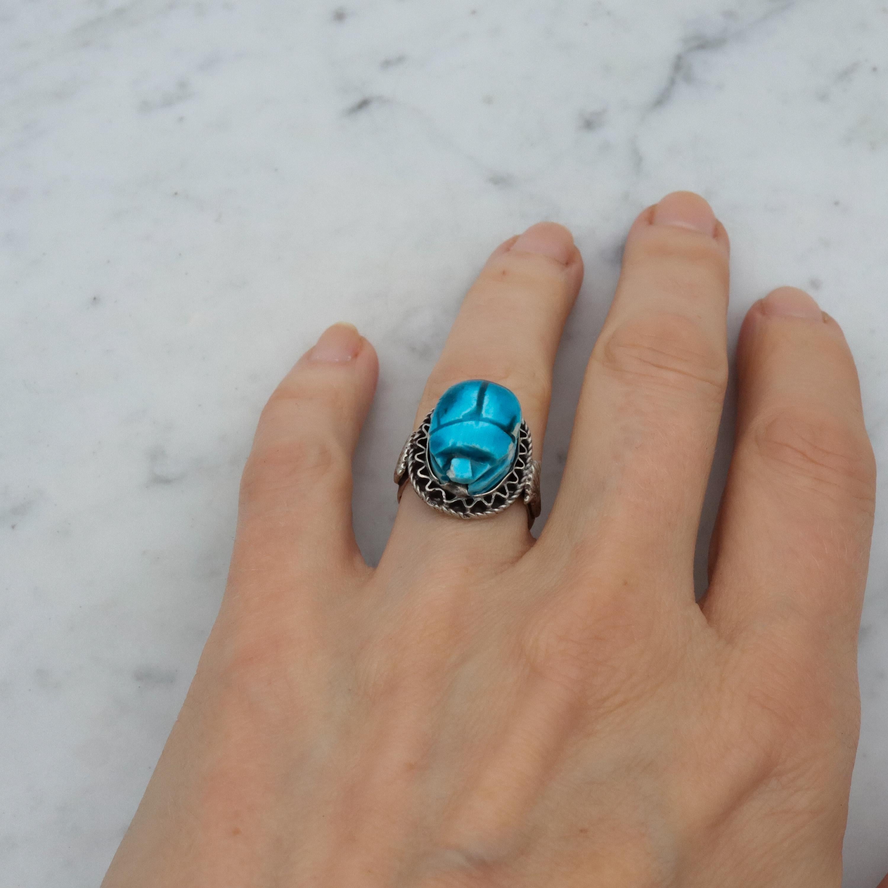 Mid Century Egyptian silver faience scarab ring, size 6