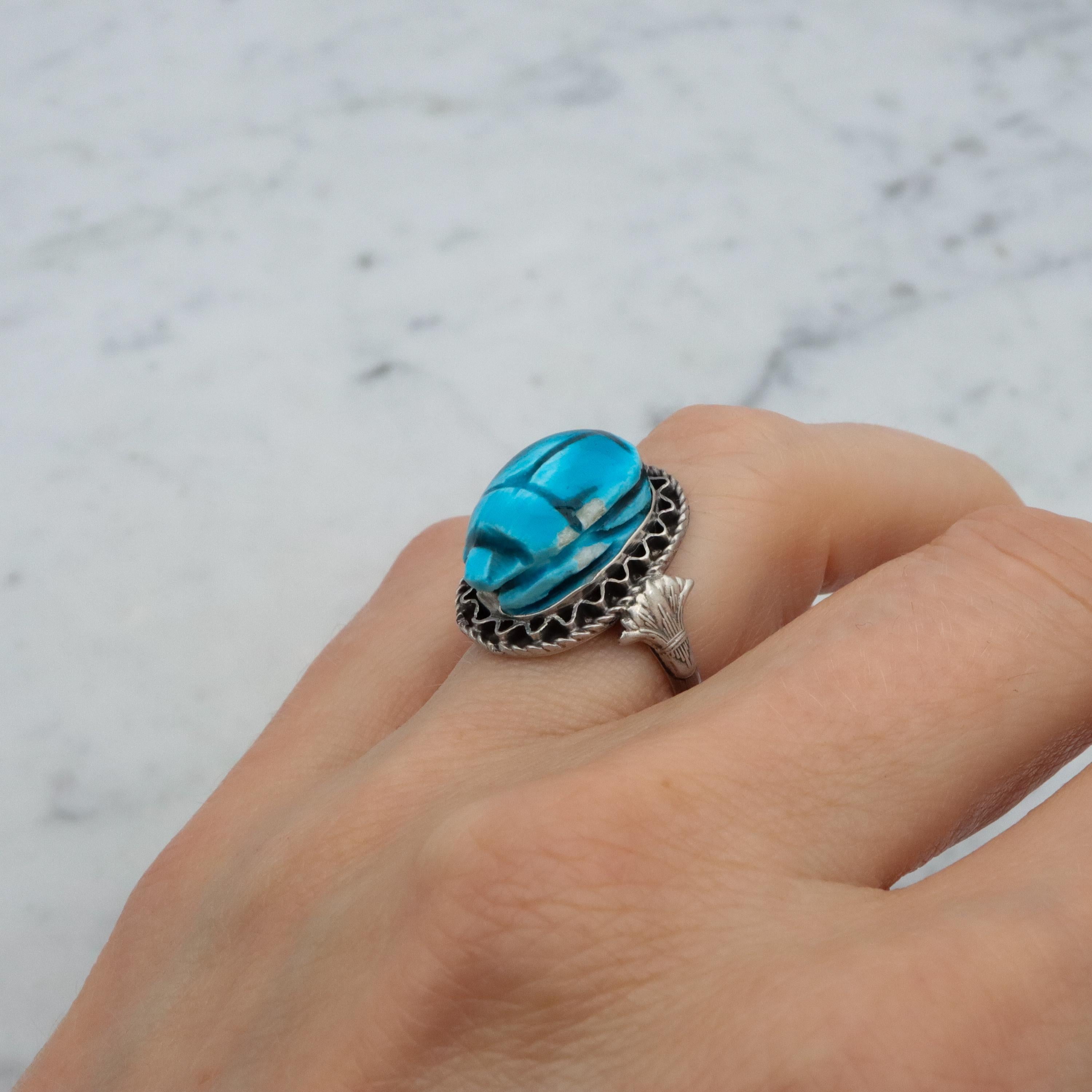 Mid Century Egyptian silver faience scarab ring, size 6