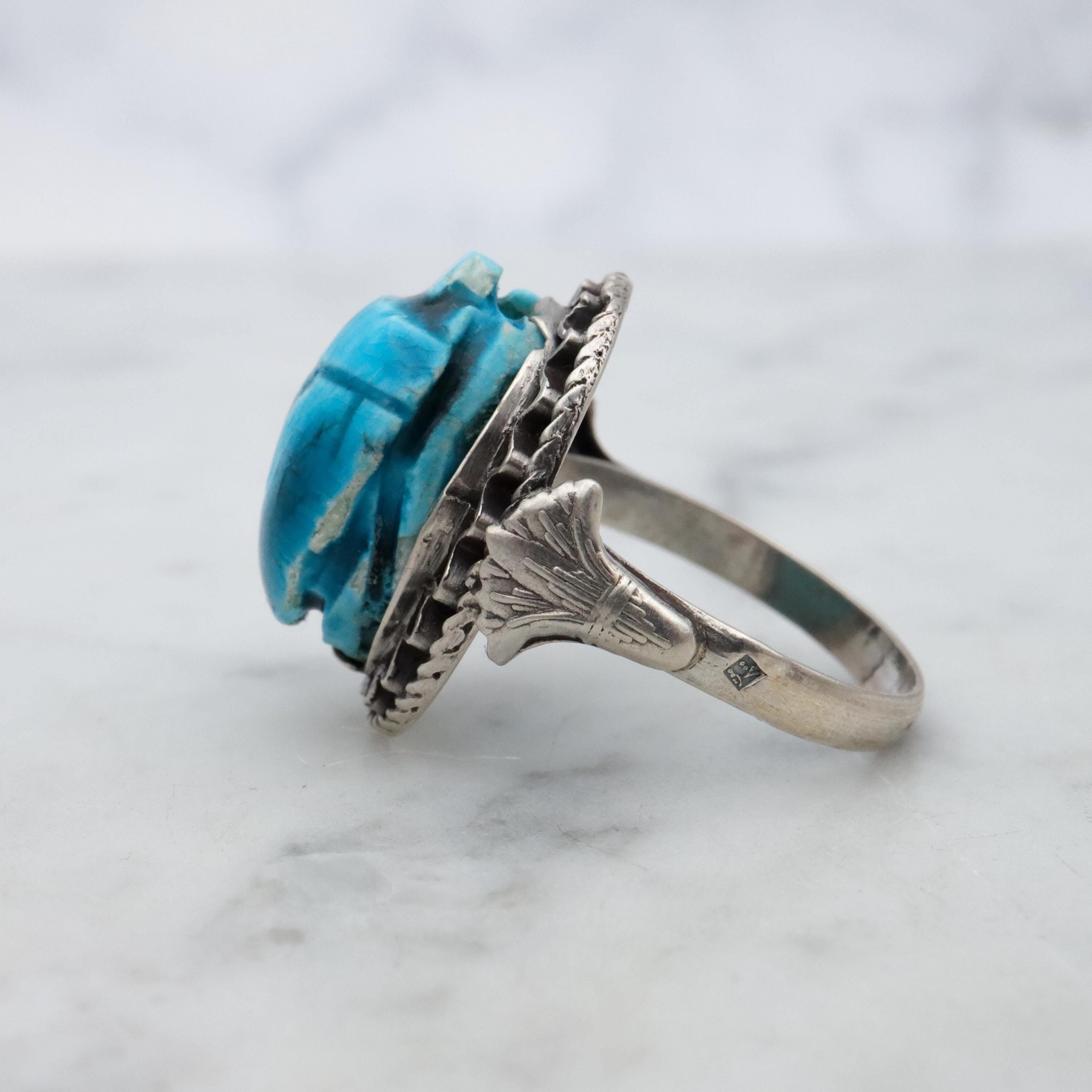 Mid Century Egyptian silver faience scarab ring, size 6