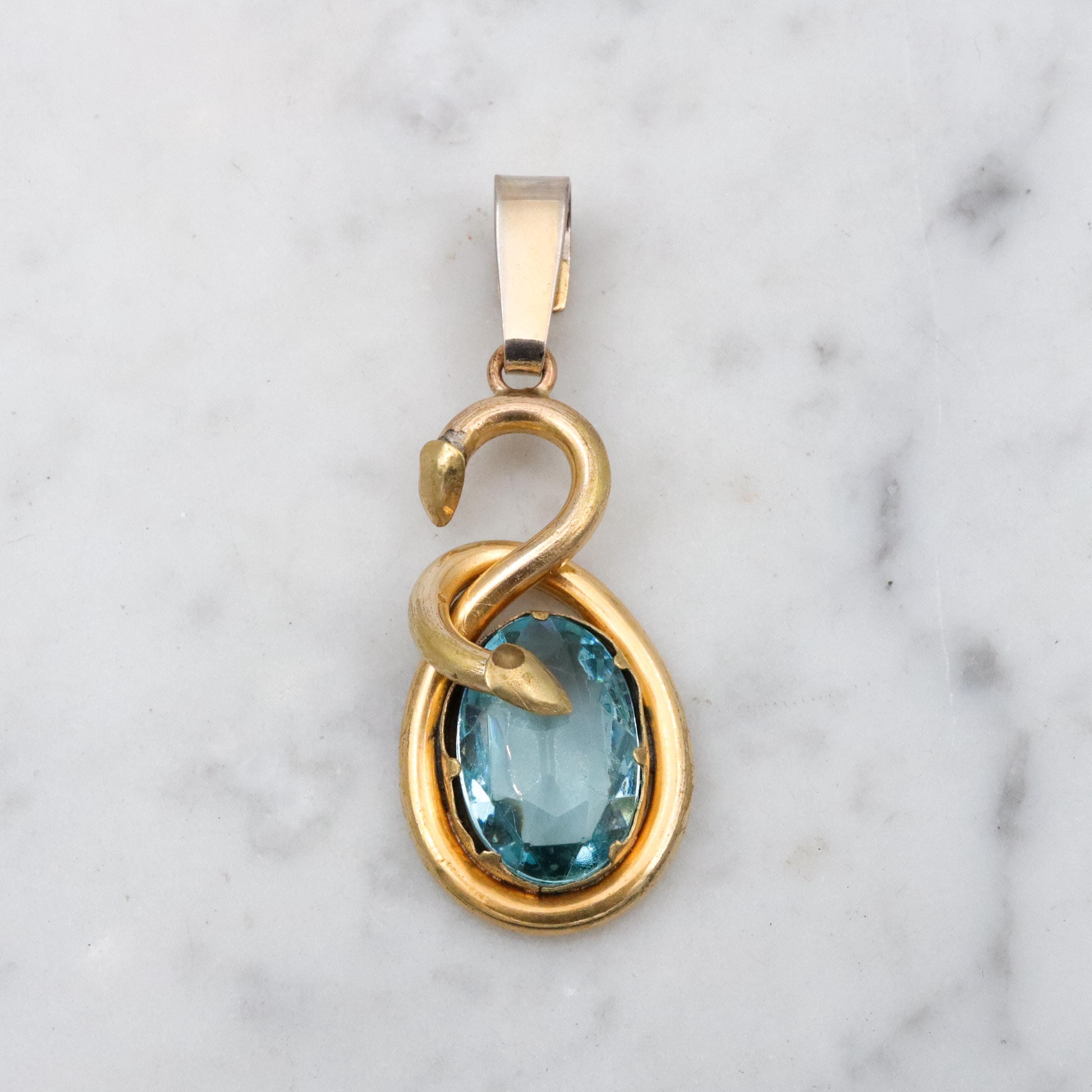 Victorian gilt metal & aqua glass snake pendant