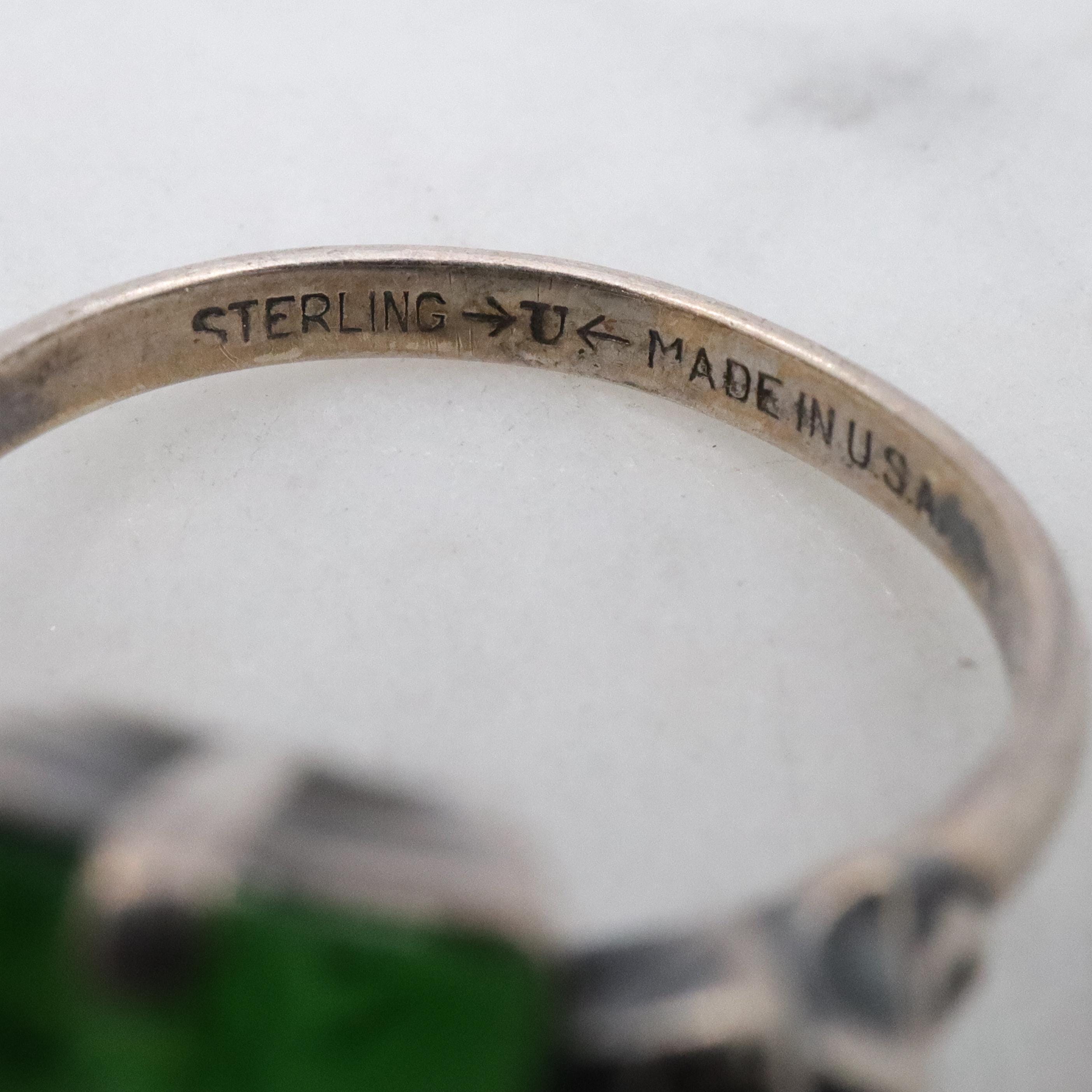 Uncas Deco sterling green glass petite ring, size 5
