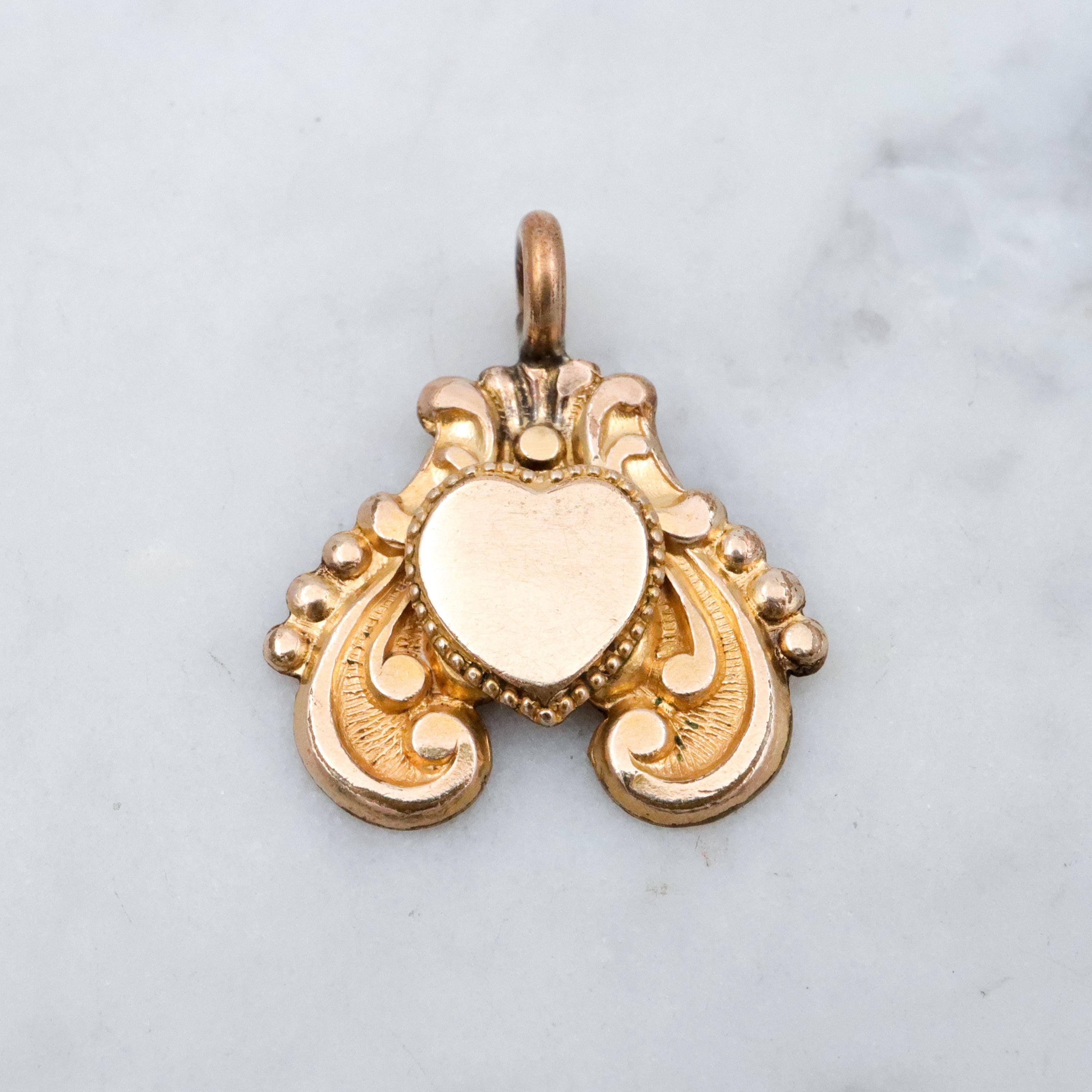 Victorian gold filled scroll & heart shield form fob pendant