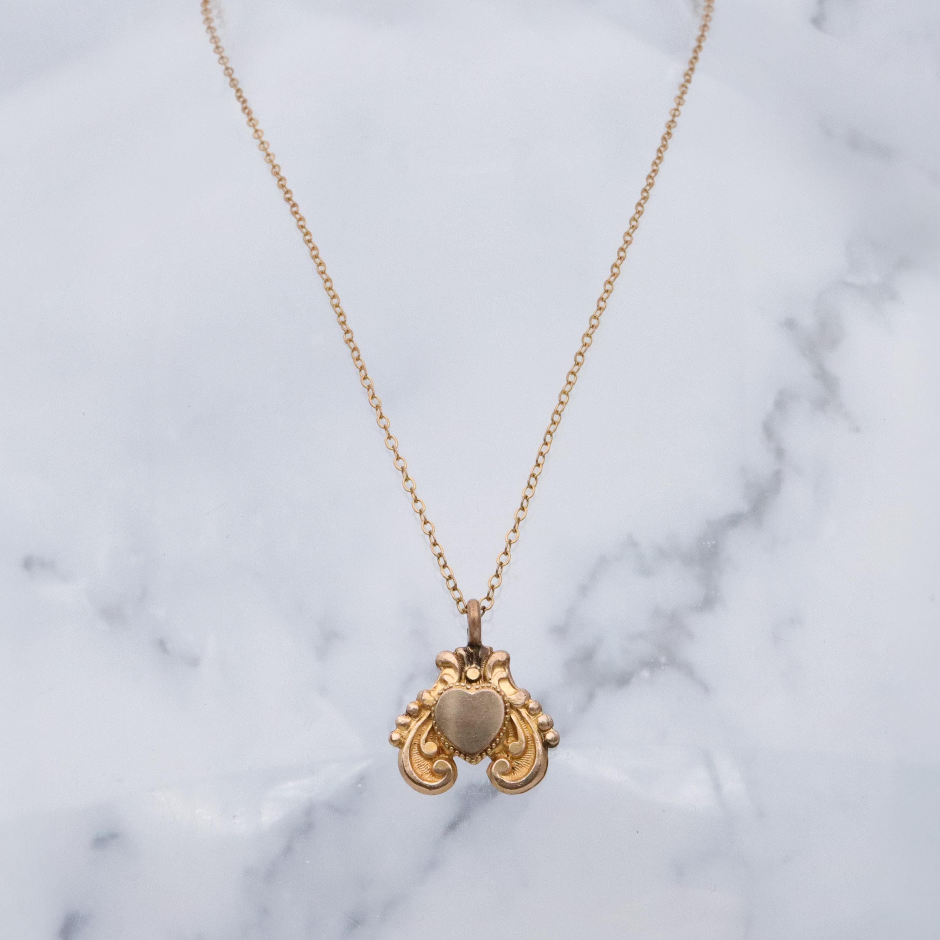 Victorian gold filled scroll & heart shield form fob pendant