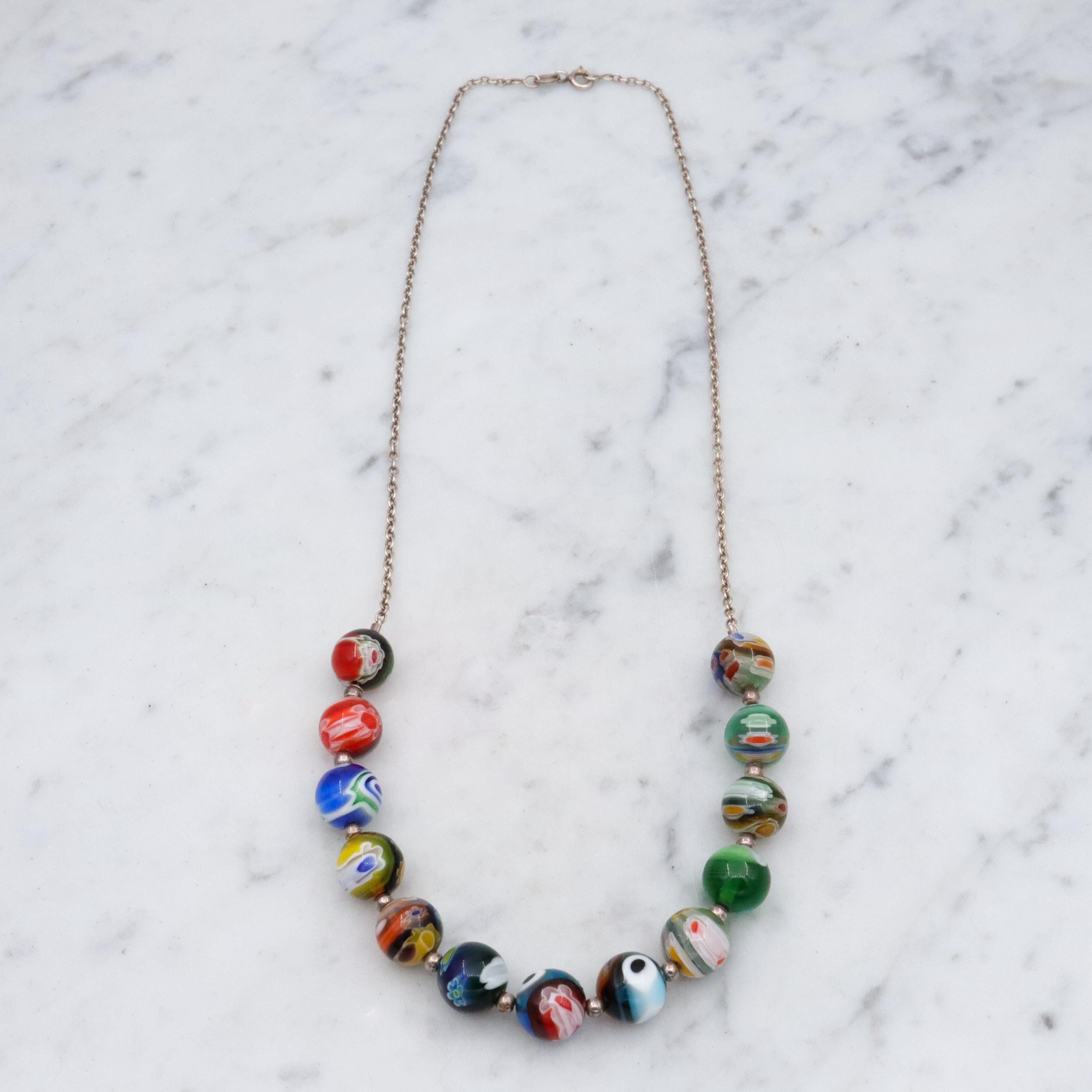 Vintage Italian millefiori bead sterling necklace, 18"