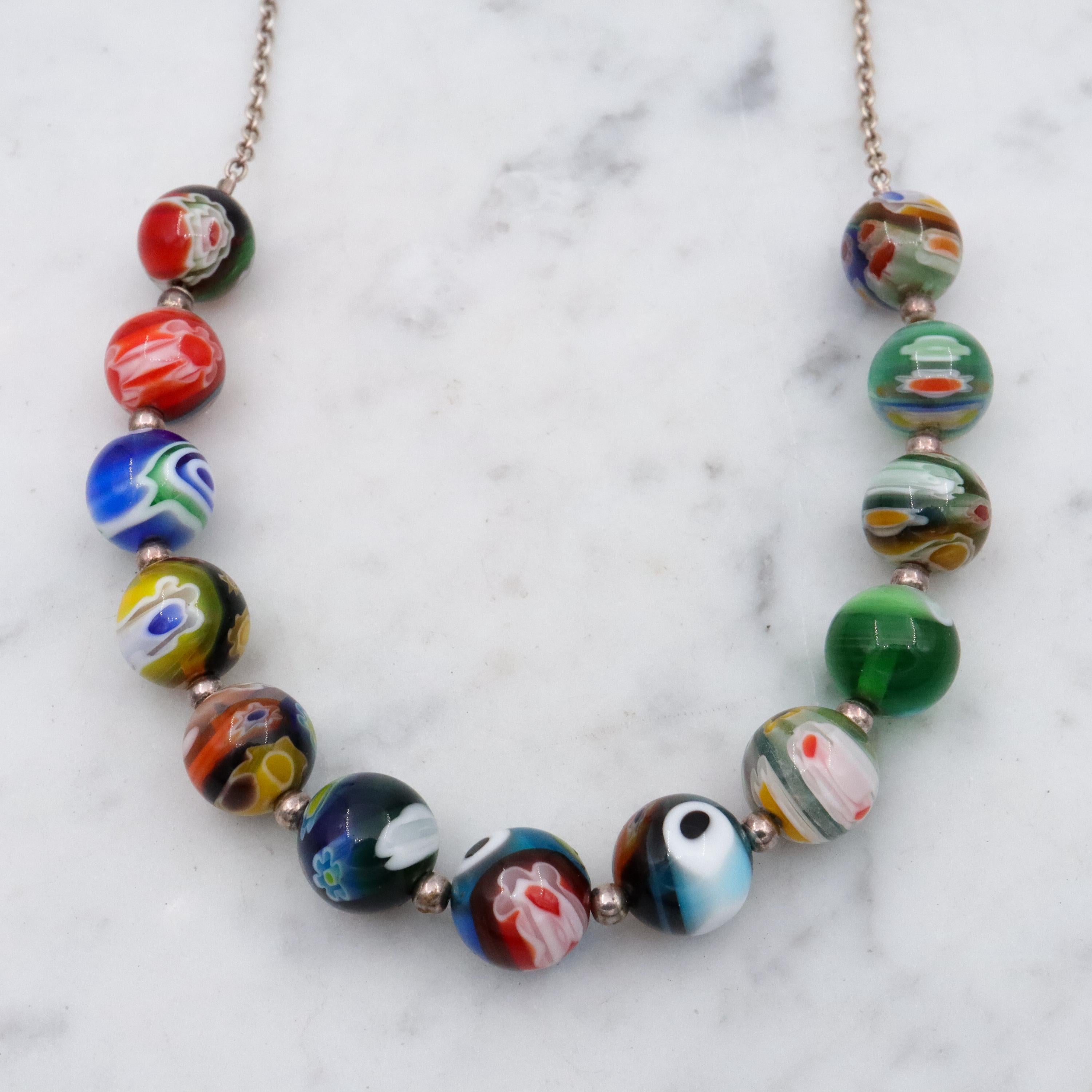 Vintage Italian millefiori bead sterling necklace, 18"