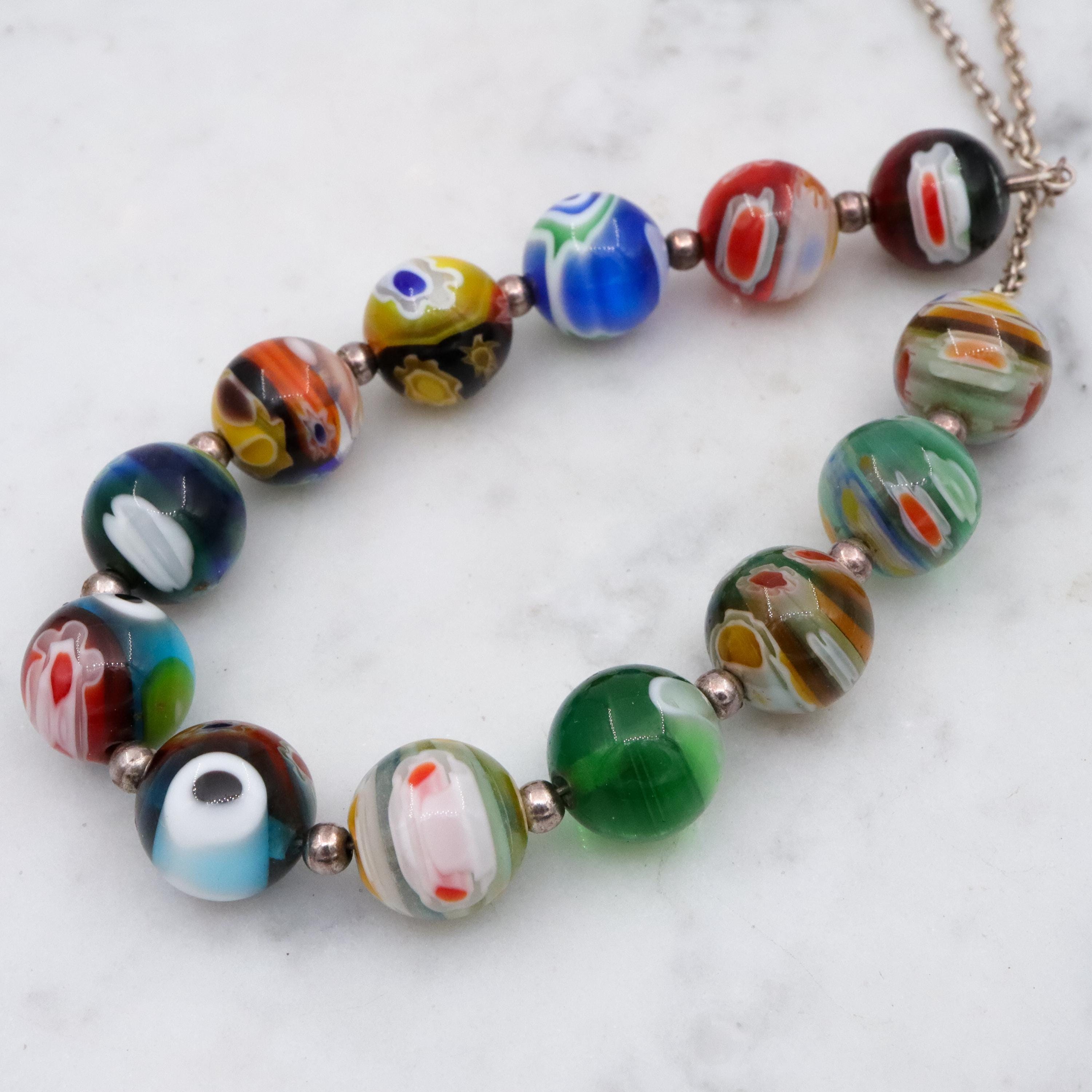 Vintage Italian millefiori bead sterling necklace, 18"