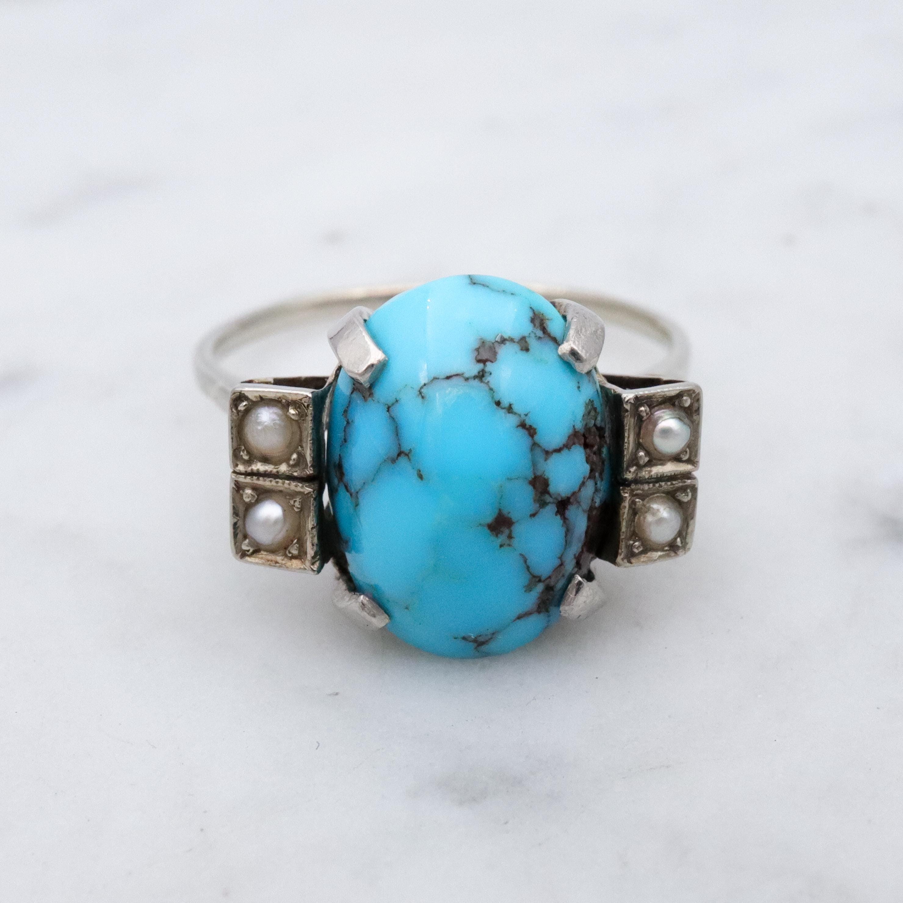 Art Deco 14k white gold turquoise pearl filigree ring, size 6.5