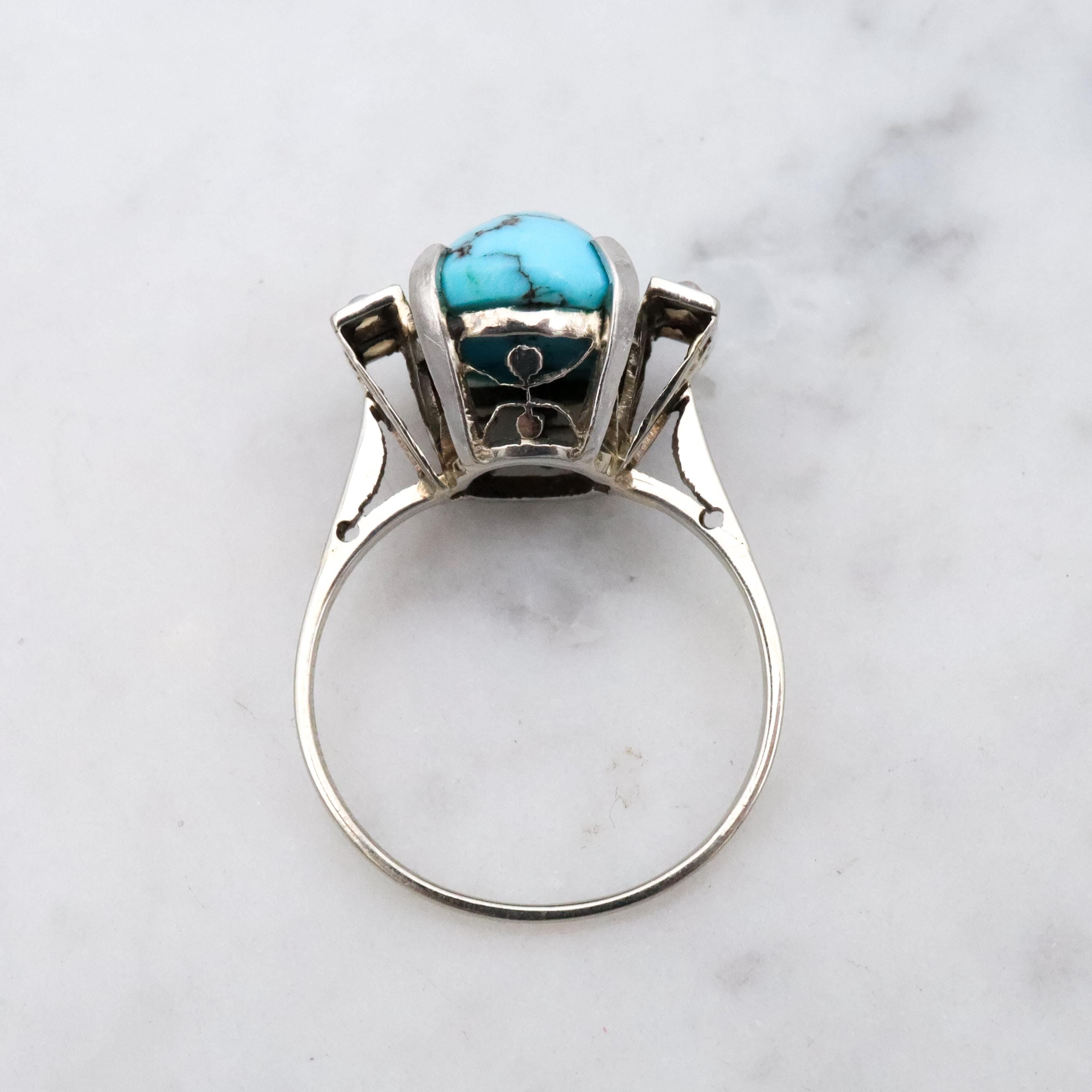 Art Deco 14k white gold turquoise pearl filigree ring, size 6.5