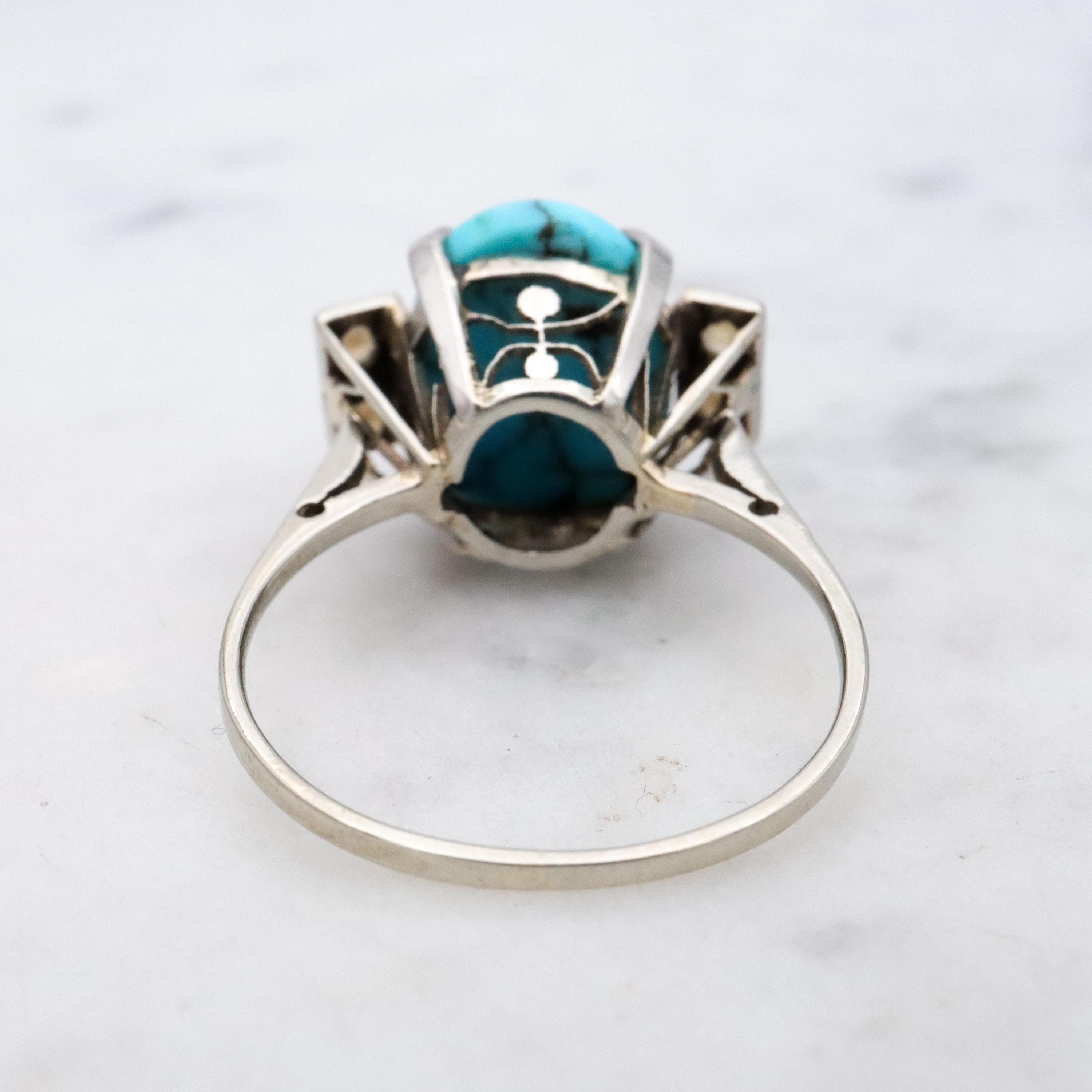 Art Deco 14k white gold turquoise pearl filigree ring, size 6.5
