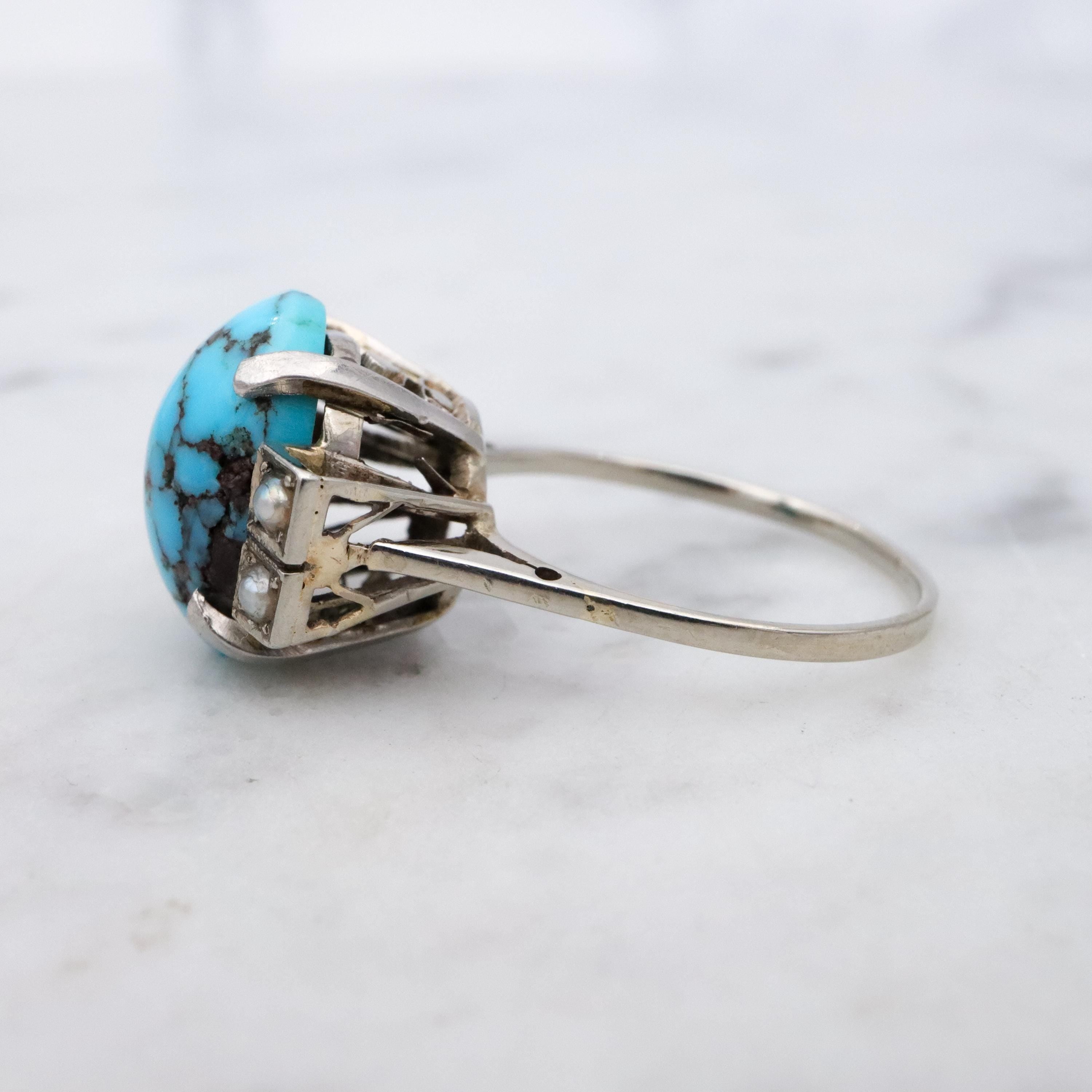 Art Deco 14k white gold turquoise pearl filigree ring, size 6.5