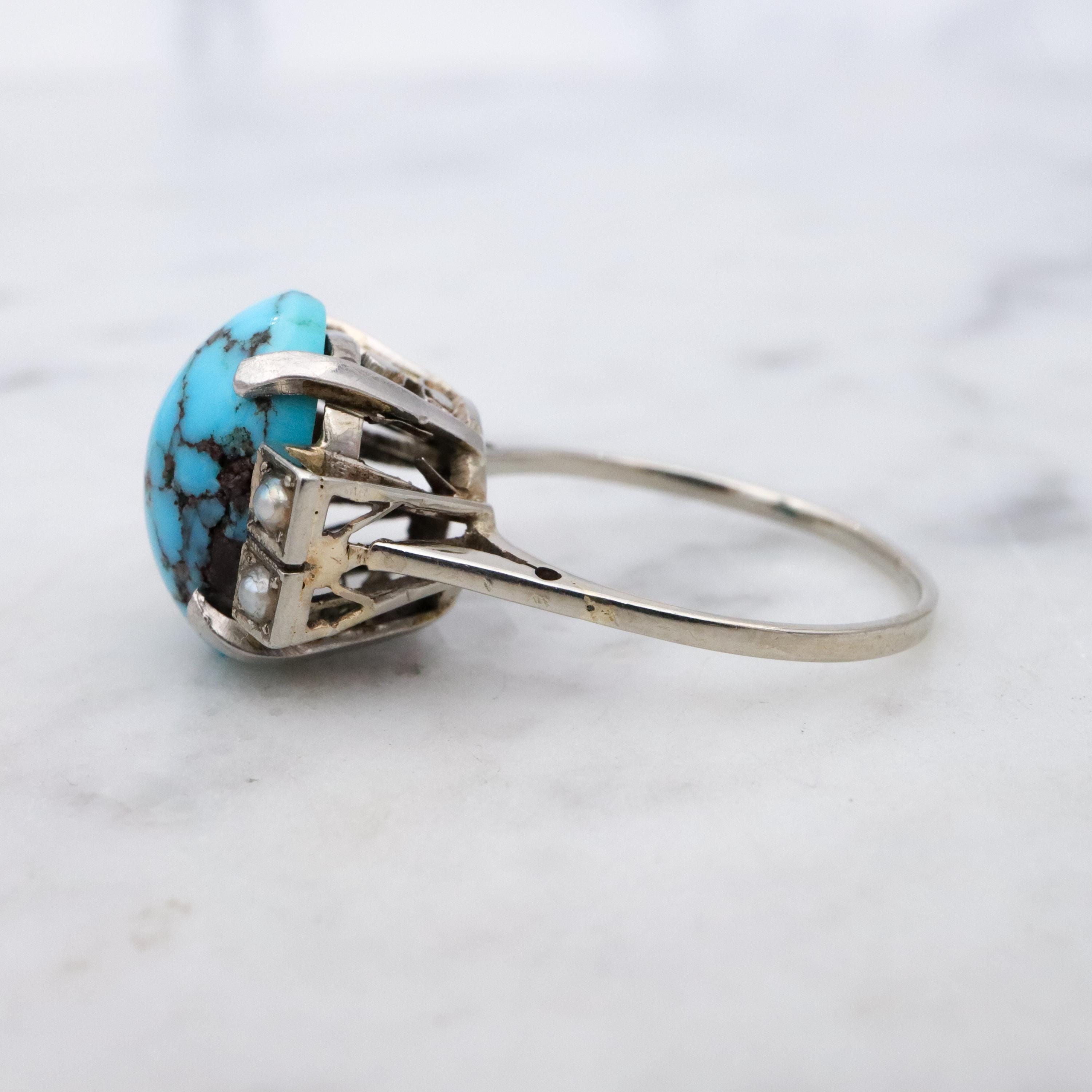 Art Deco 14k white gold turquoise pearl filigree ring, size 6.5