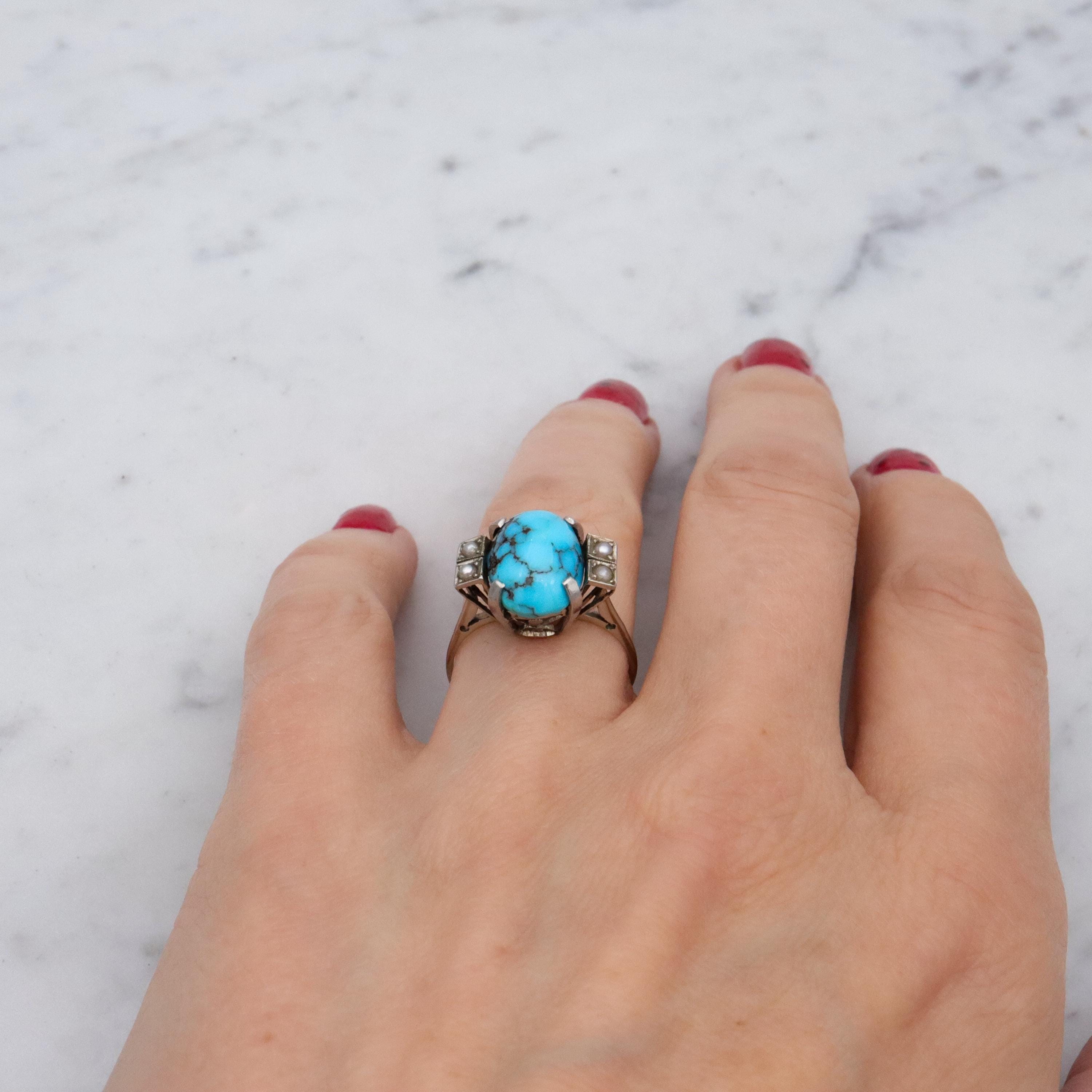 Art Deco 14k white gold turquoise pearl filigree ring, size 6.5