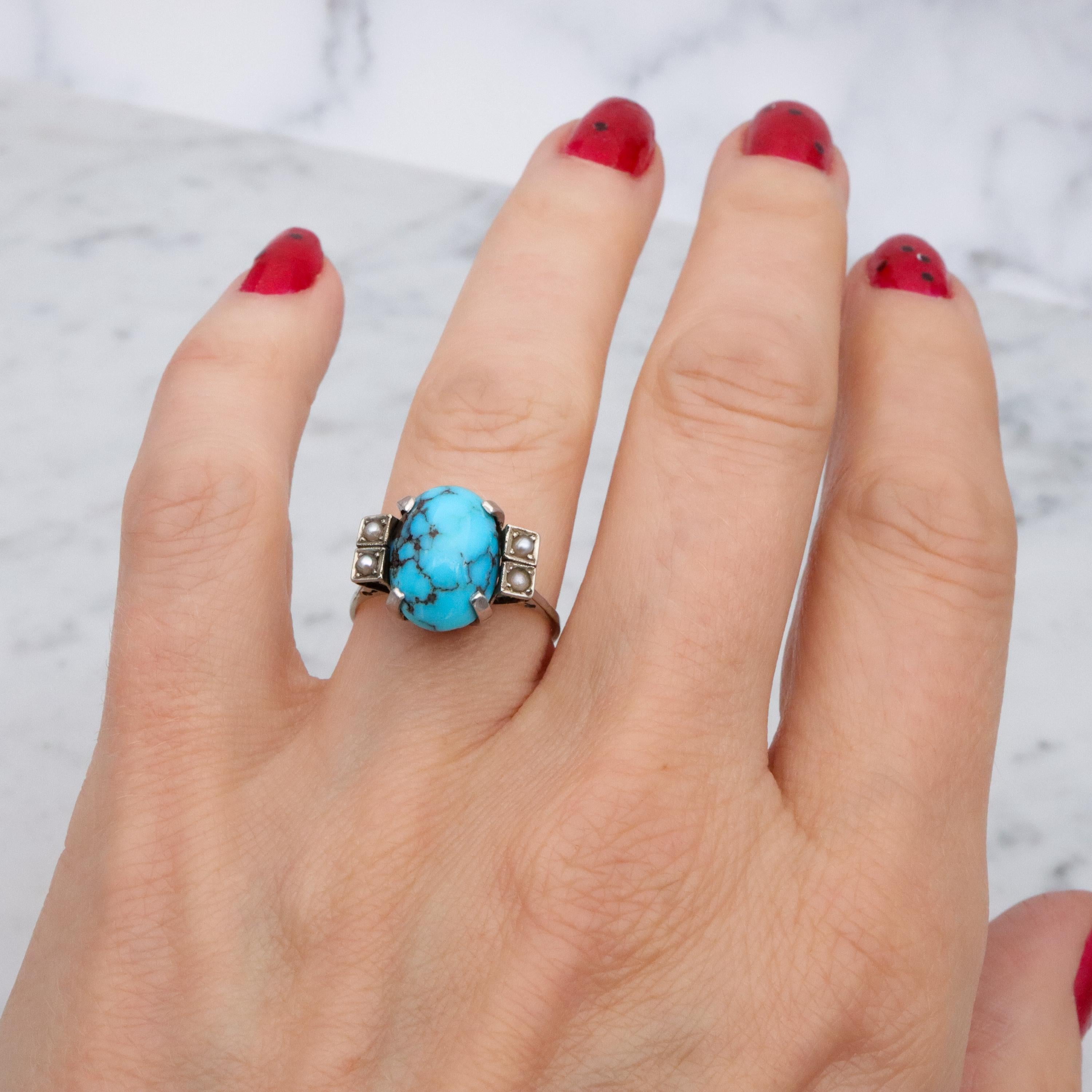 Art Deco 14k white gold turquoise pearl filigree ring, size 6.5