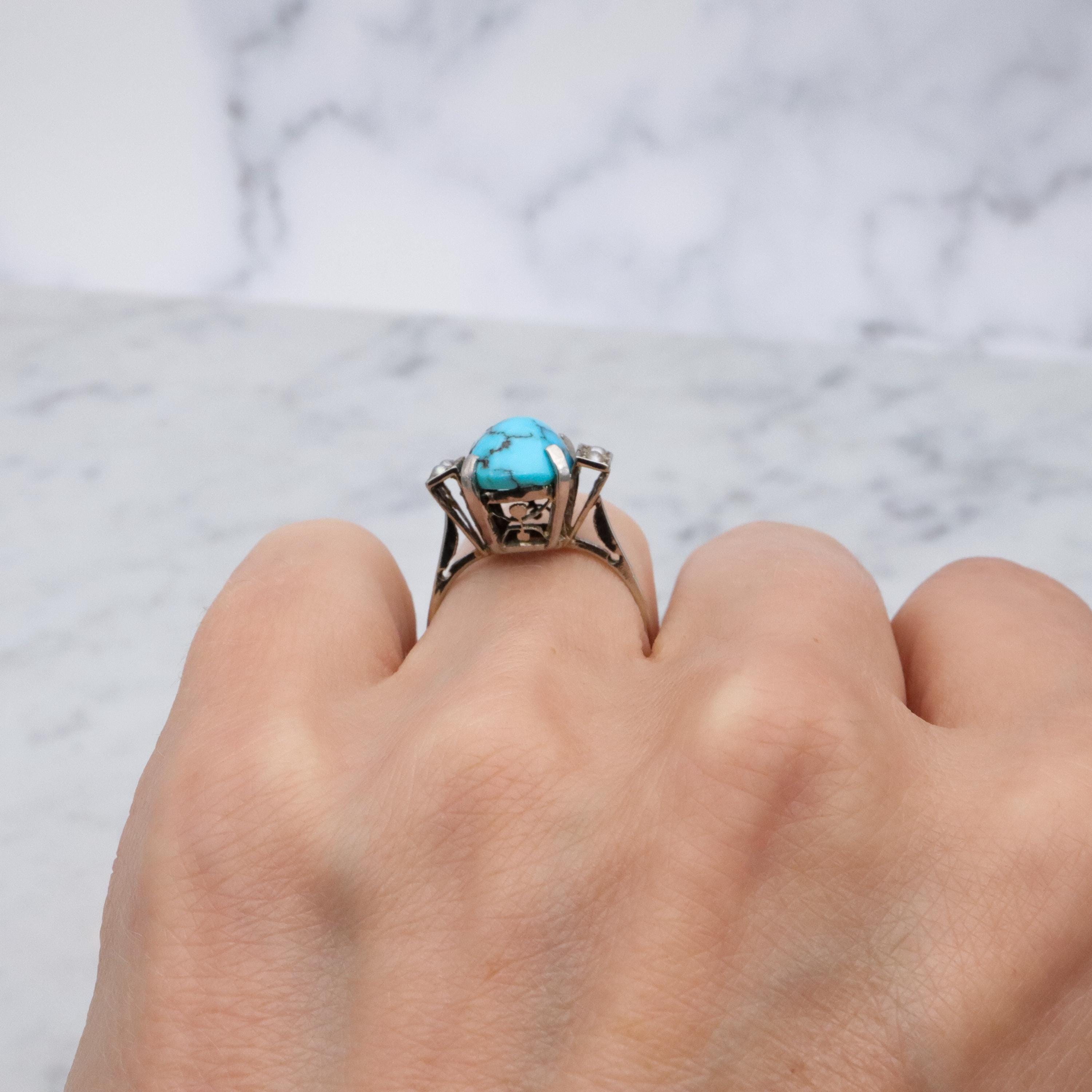 Art Deco 14k white gold turquoise pearl filigree ring, size 6.5