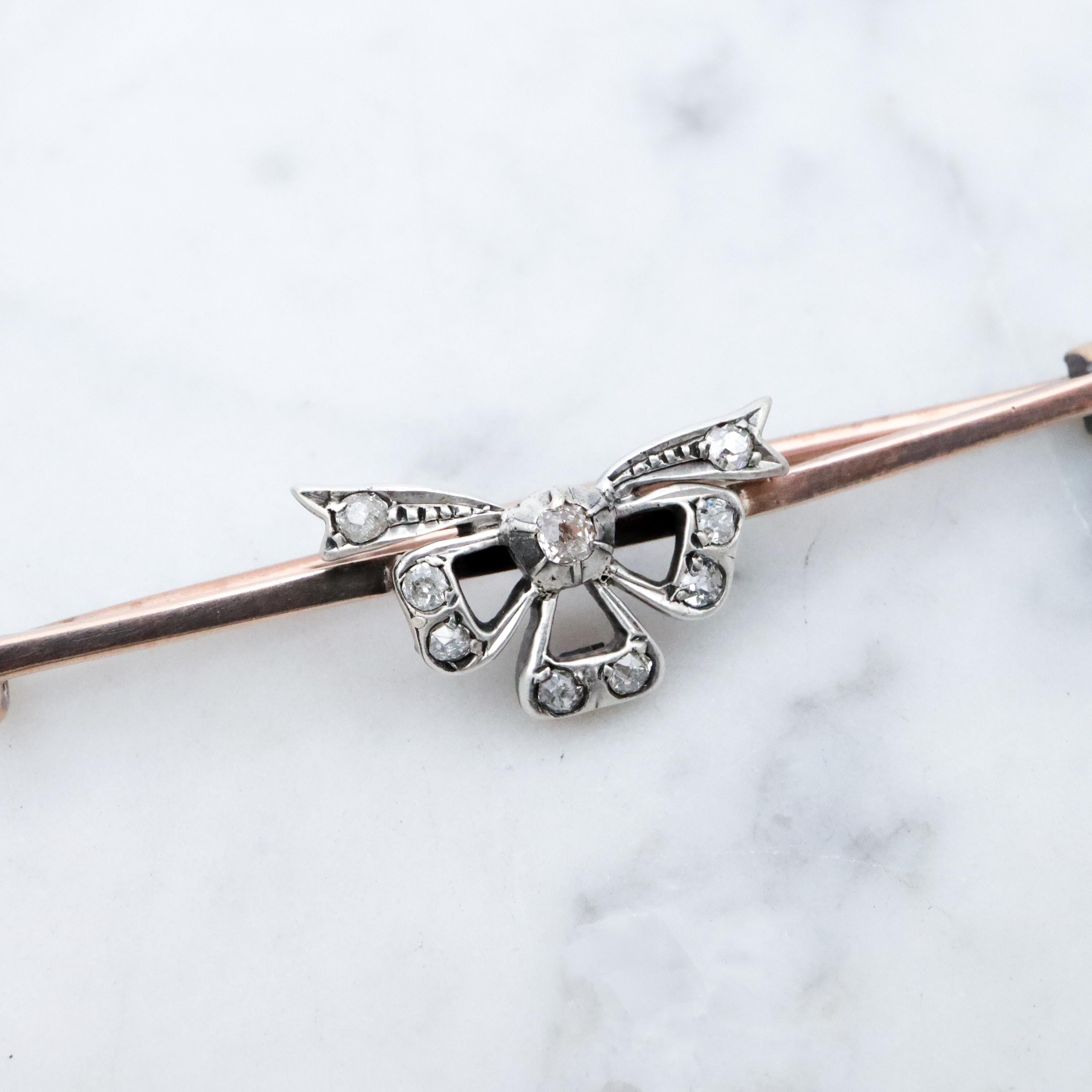 Victorian gold & silver bow bar pin w/old mine cut diamonds