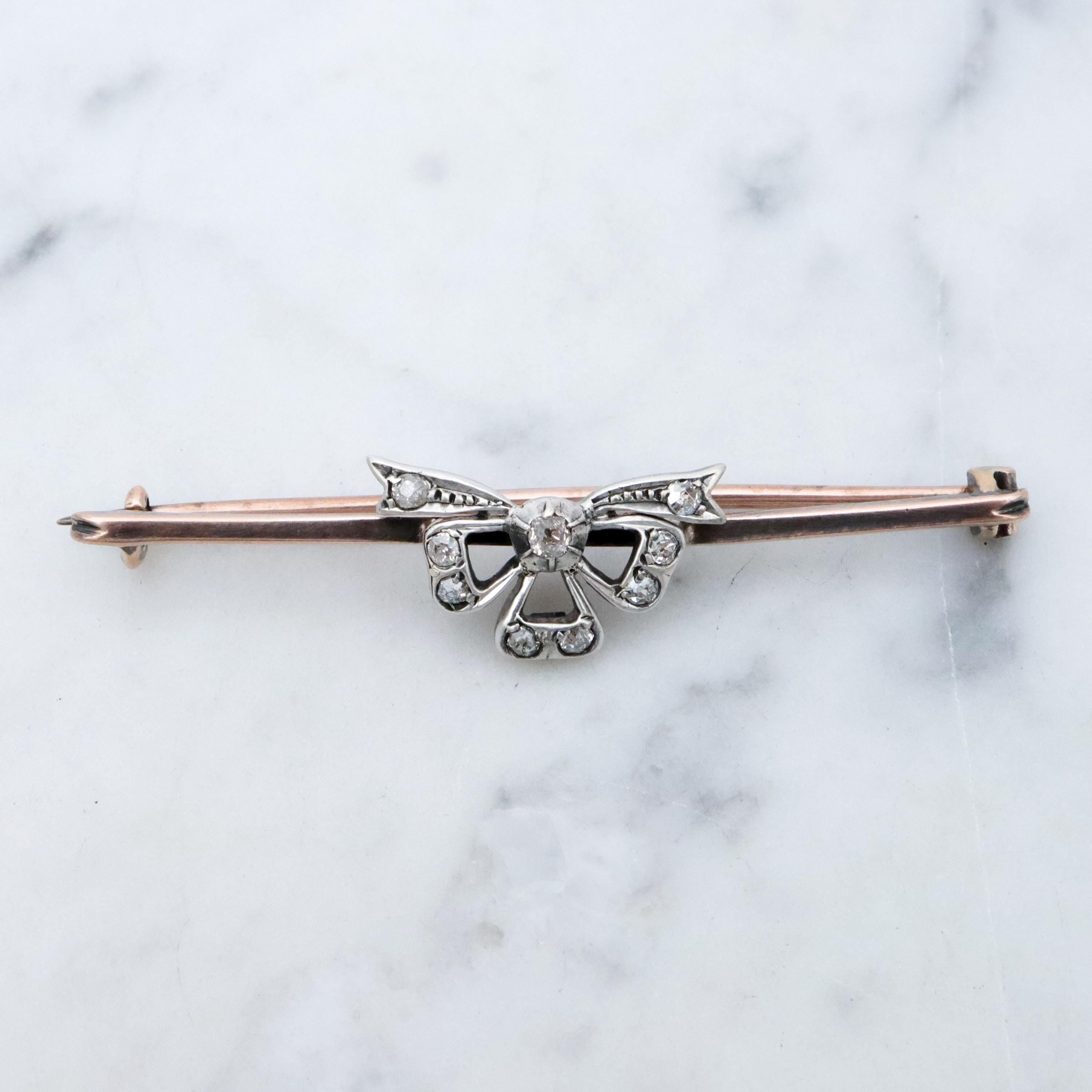 Victorian gold & silver bow bar pin w/old mine cut diamonds