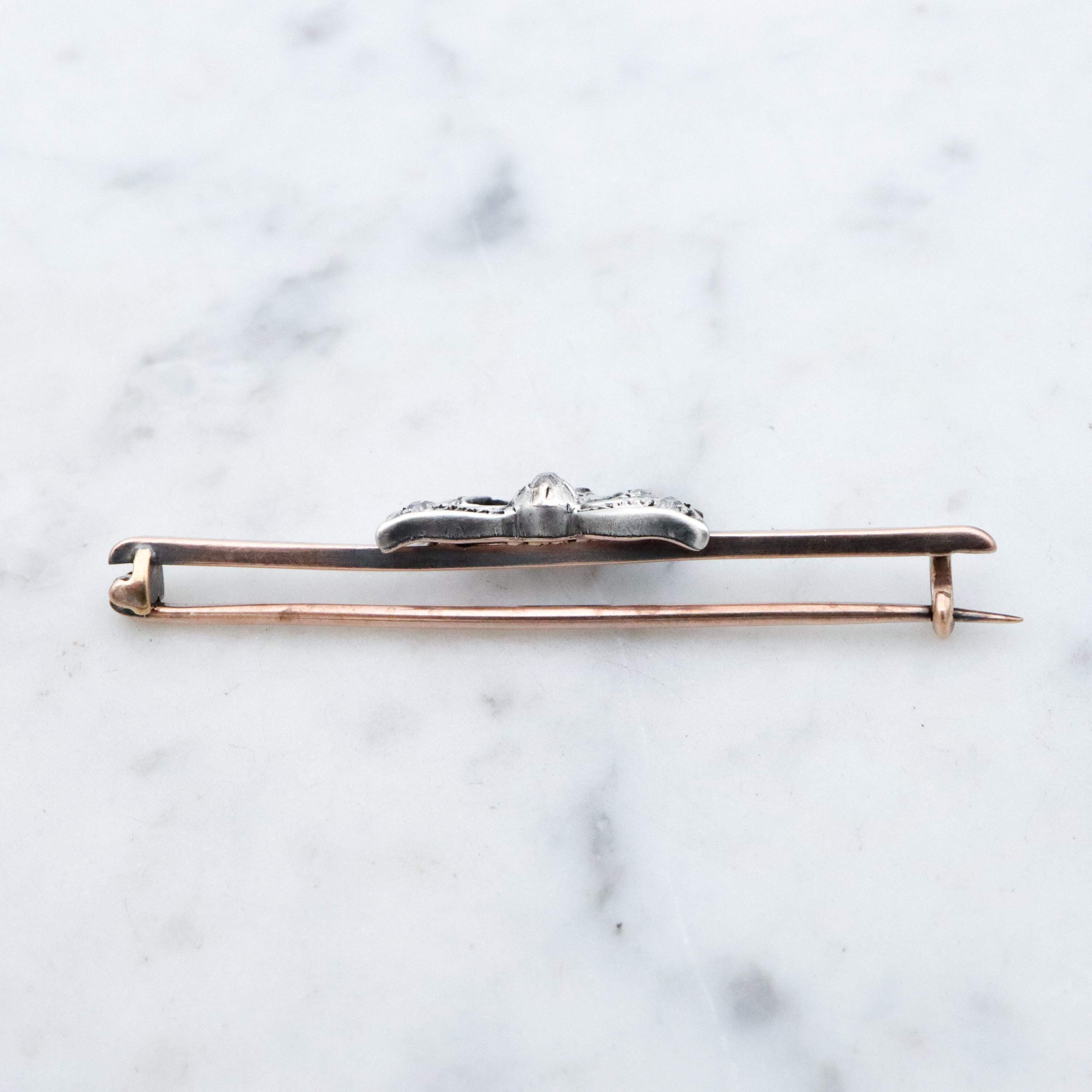 Victorian gold & silver bow bar pin w/old mine cut diamonds