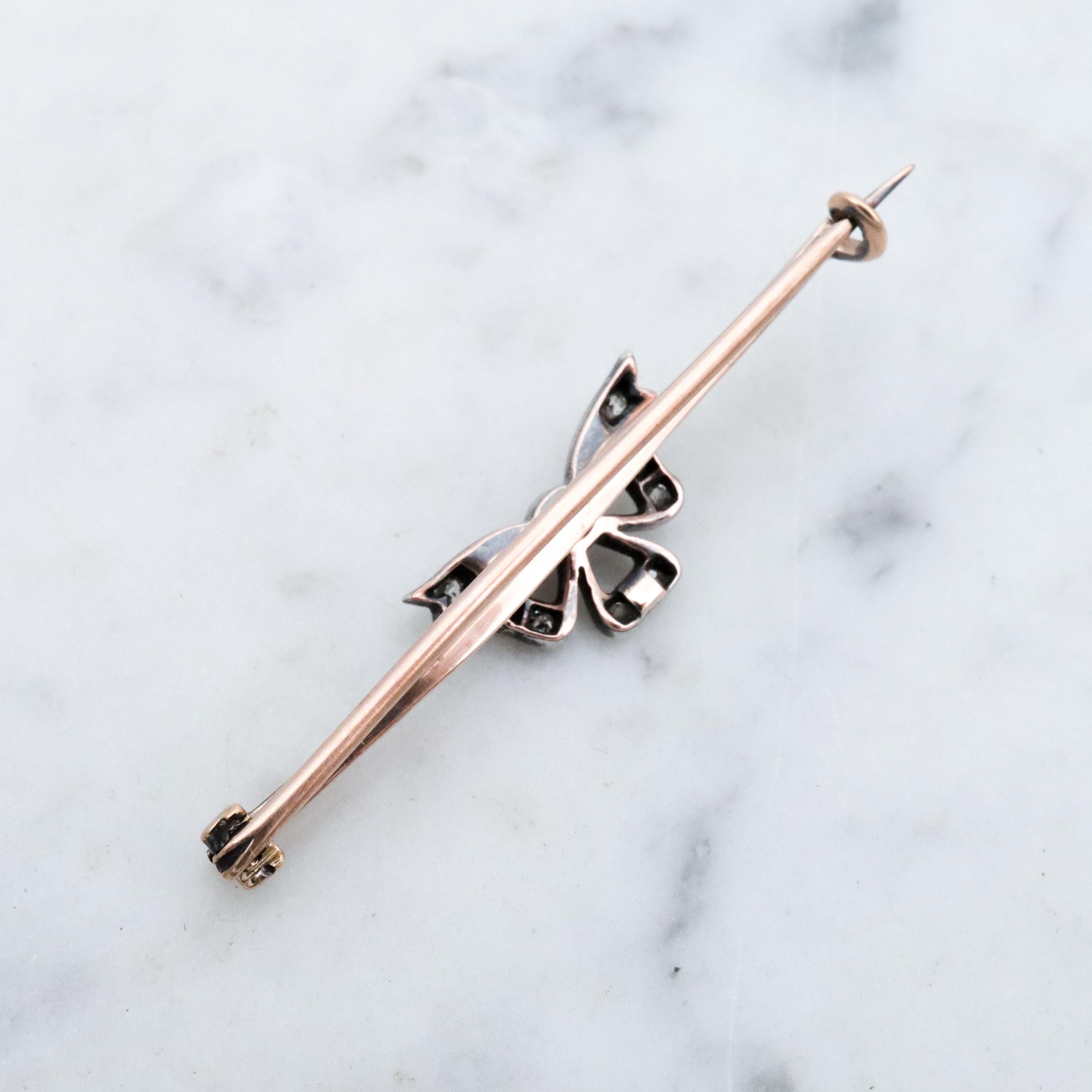 Victorian gold & silver bow bar pin w/old mine cut diamonds