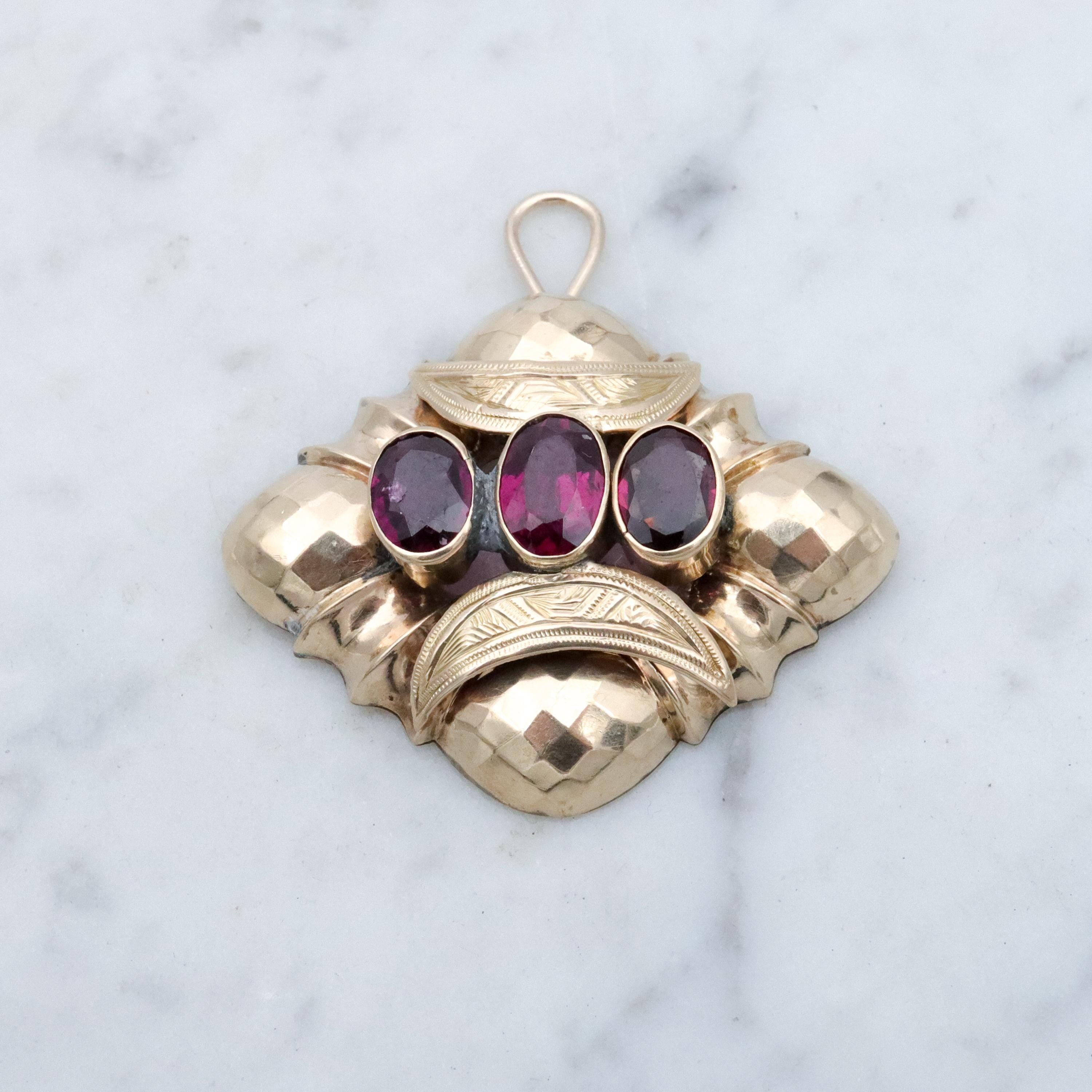 Antique Victorian 10k gold rhodolite garnet faceted diamond shaped pendant conversion