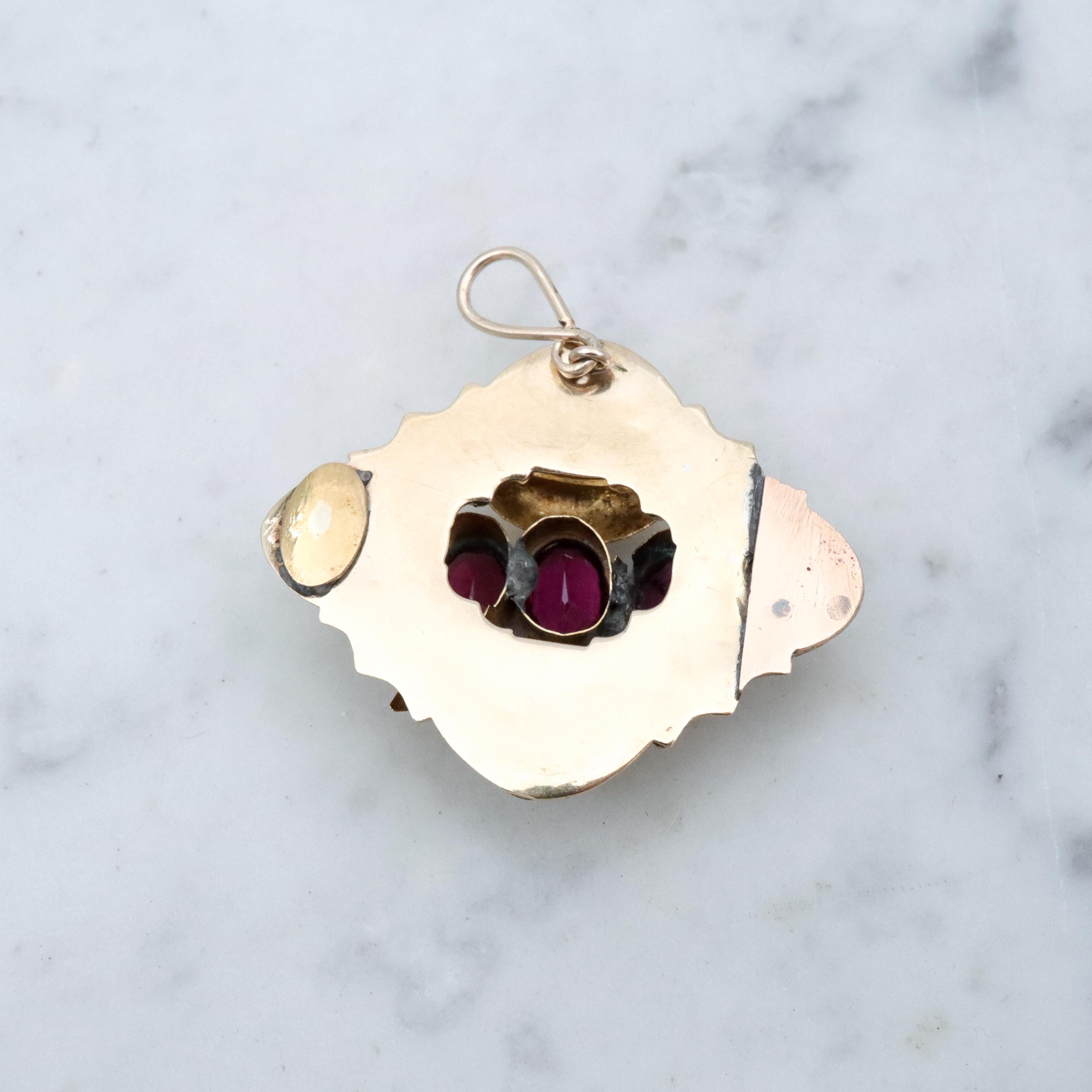 Antique Victorian 10k gold rhodolite garnet faceted diamond shaped pendant conversion