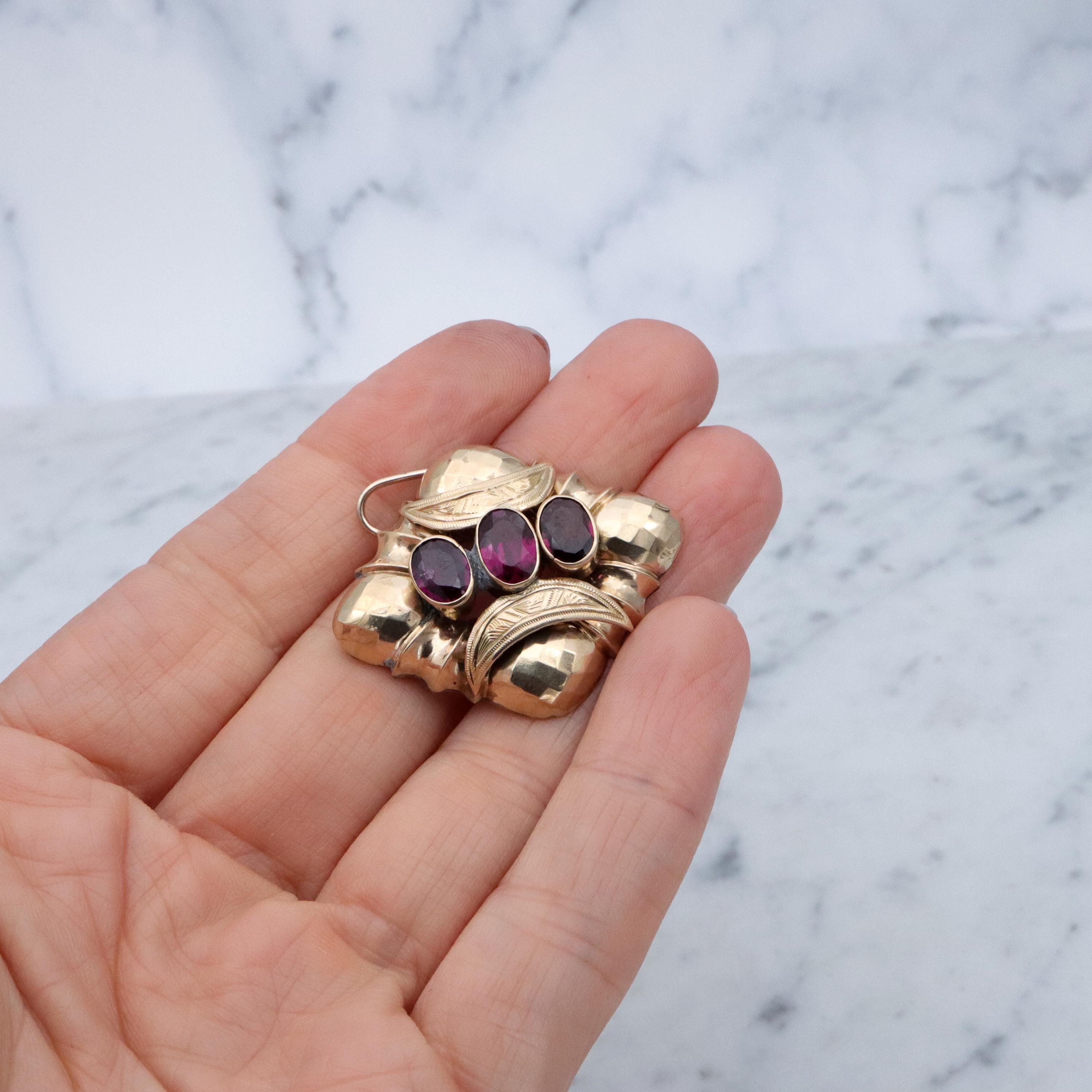 Antique Victorian 10k gold rhodolite garnet faceted diamond shaped pendant conversion
