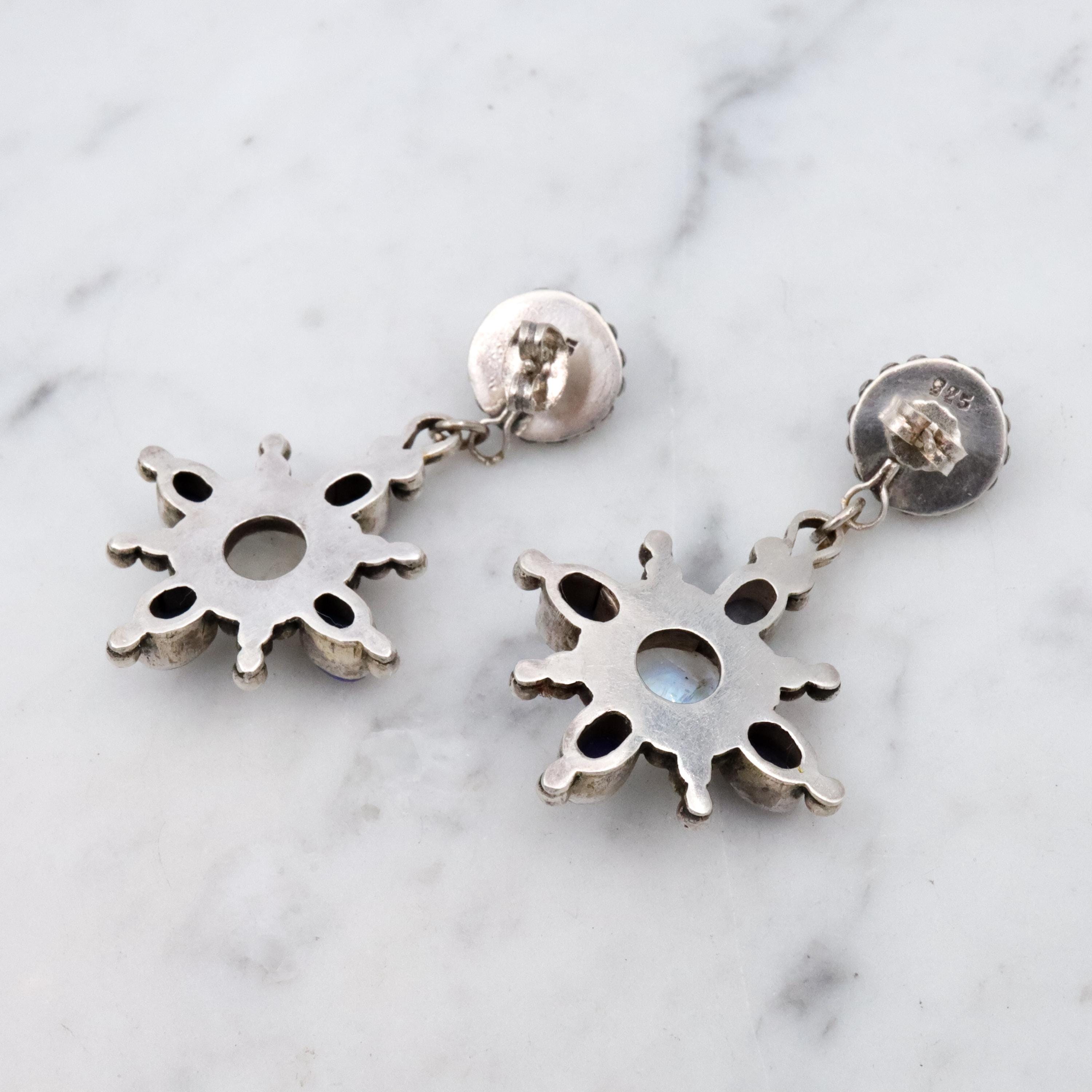 Vintage lapis & moonstone sunburst drop earrings
