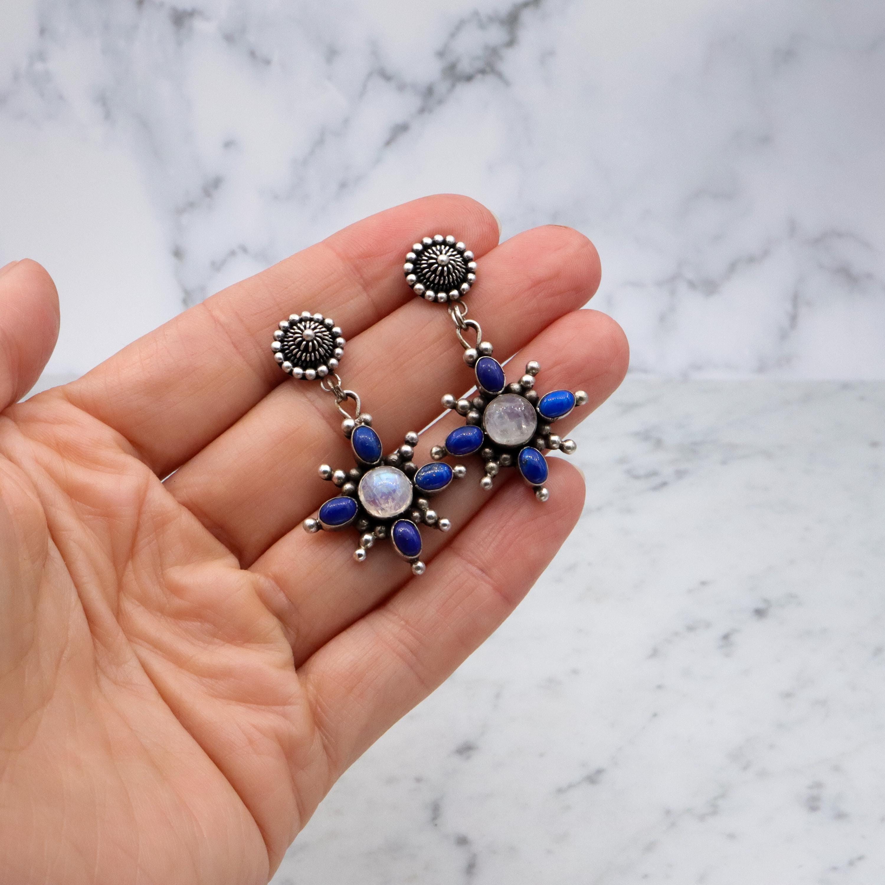 Vintage lapis & moonstone sunburst drop earrings