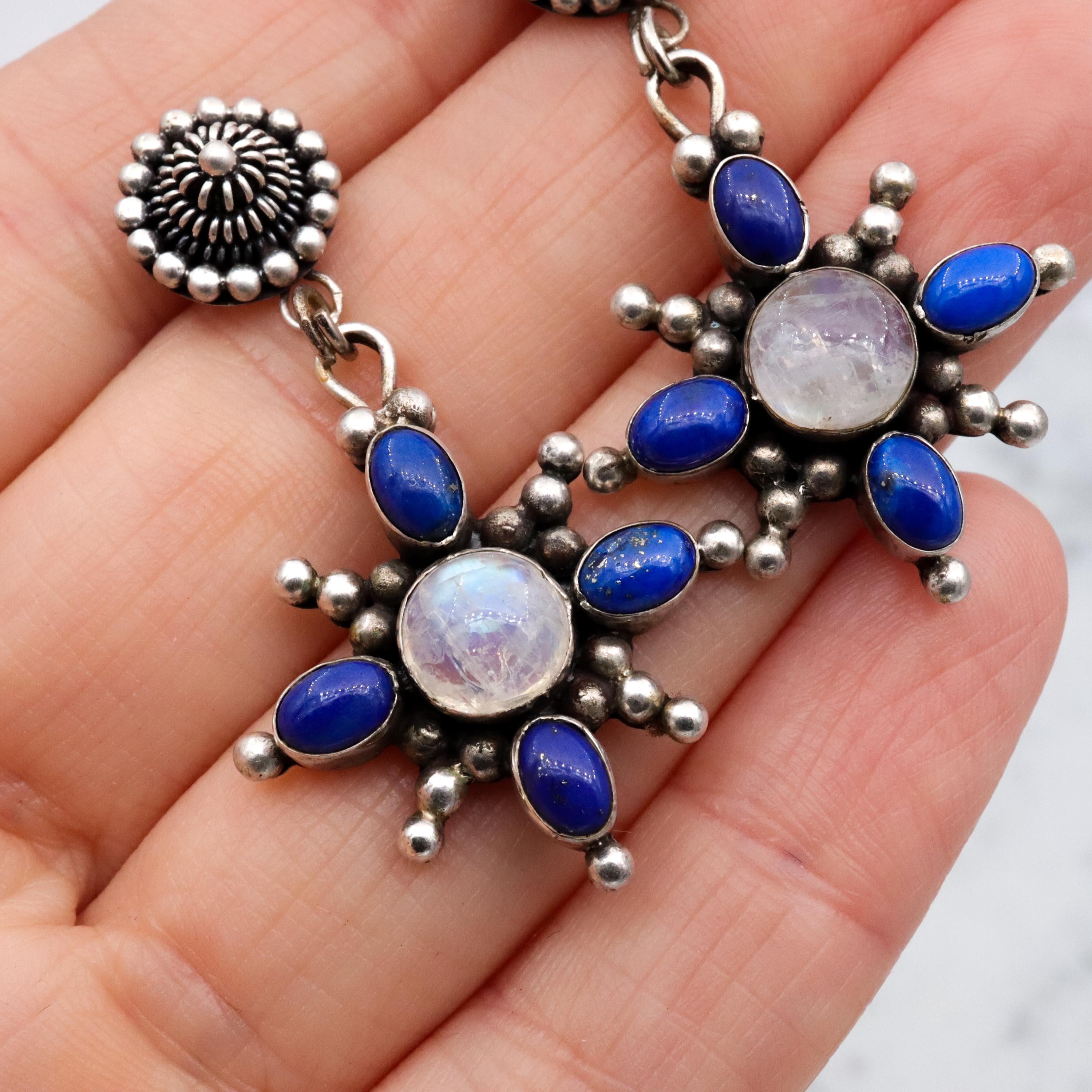 Vintage lapis & moonstone sunburst drop earrings