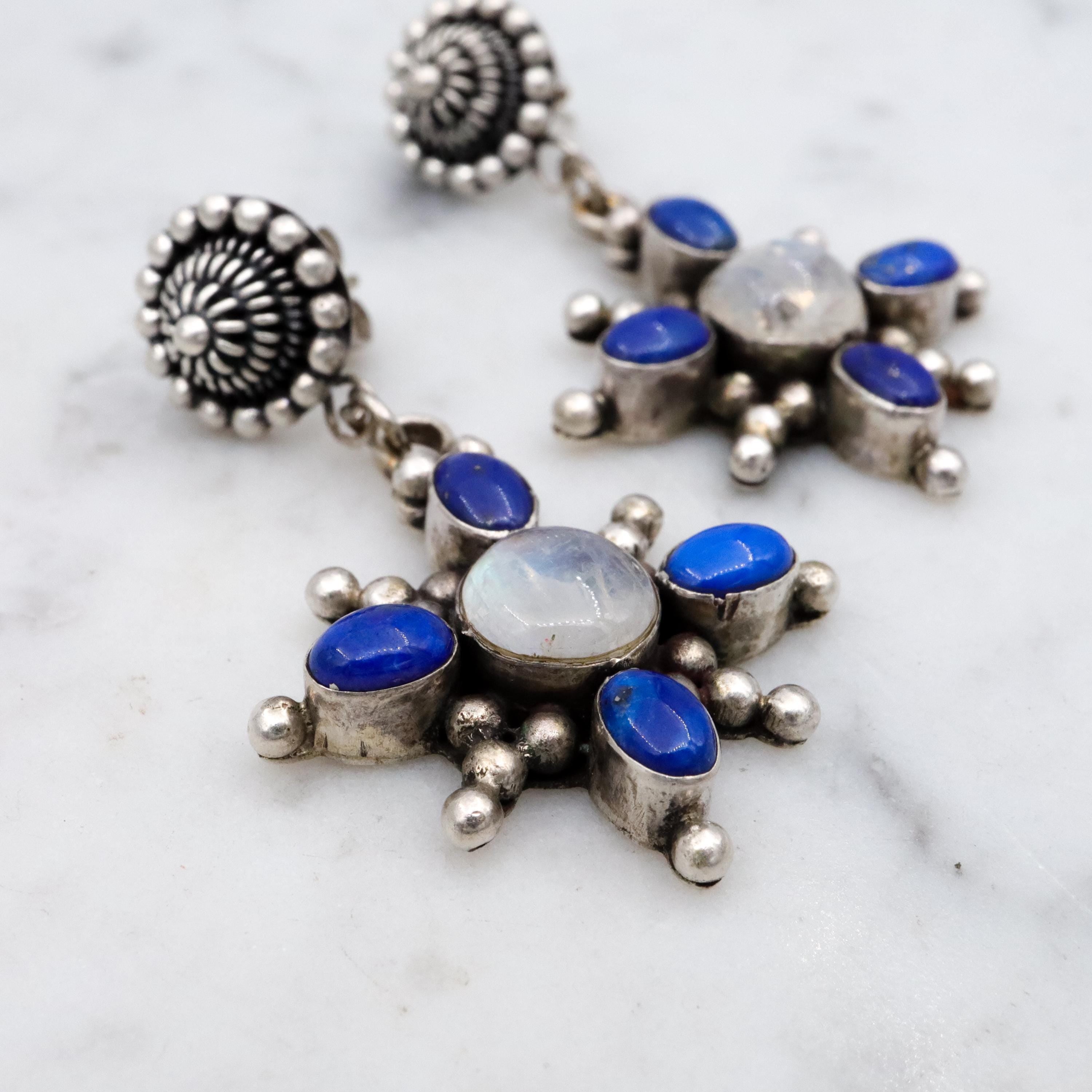 Vintage lapis & moonstone sunburst drop earrings