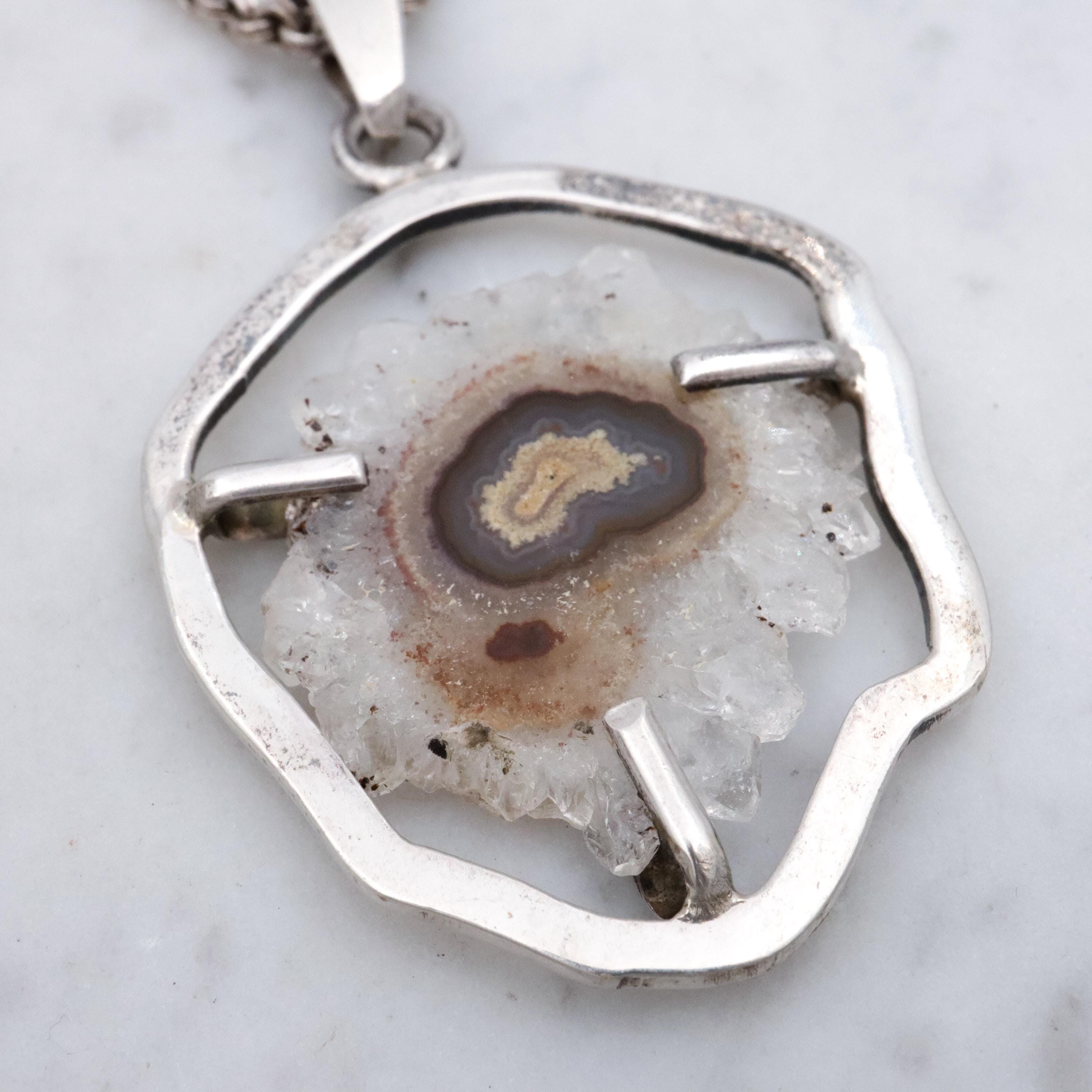 Mid Century handmade banded agate geode sterling necklace