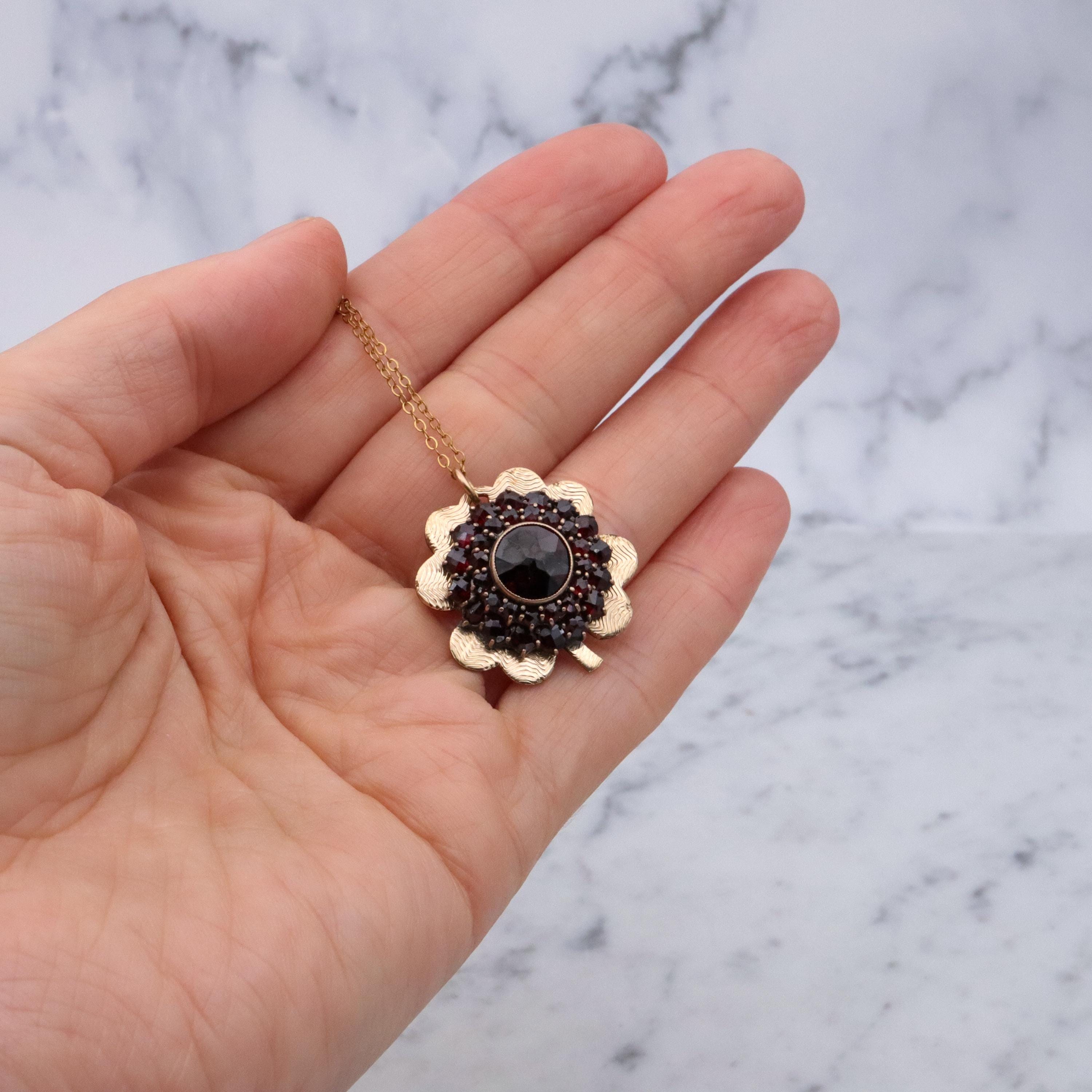 Retro Bohemian garnet gold filled clover pendant
