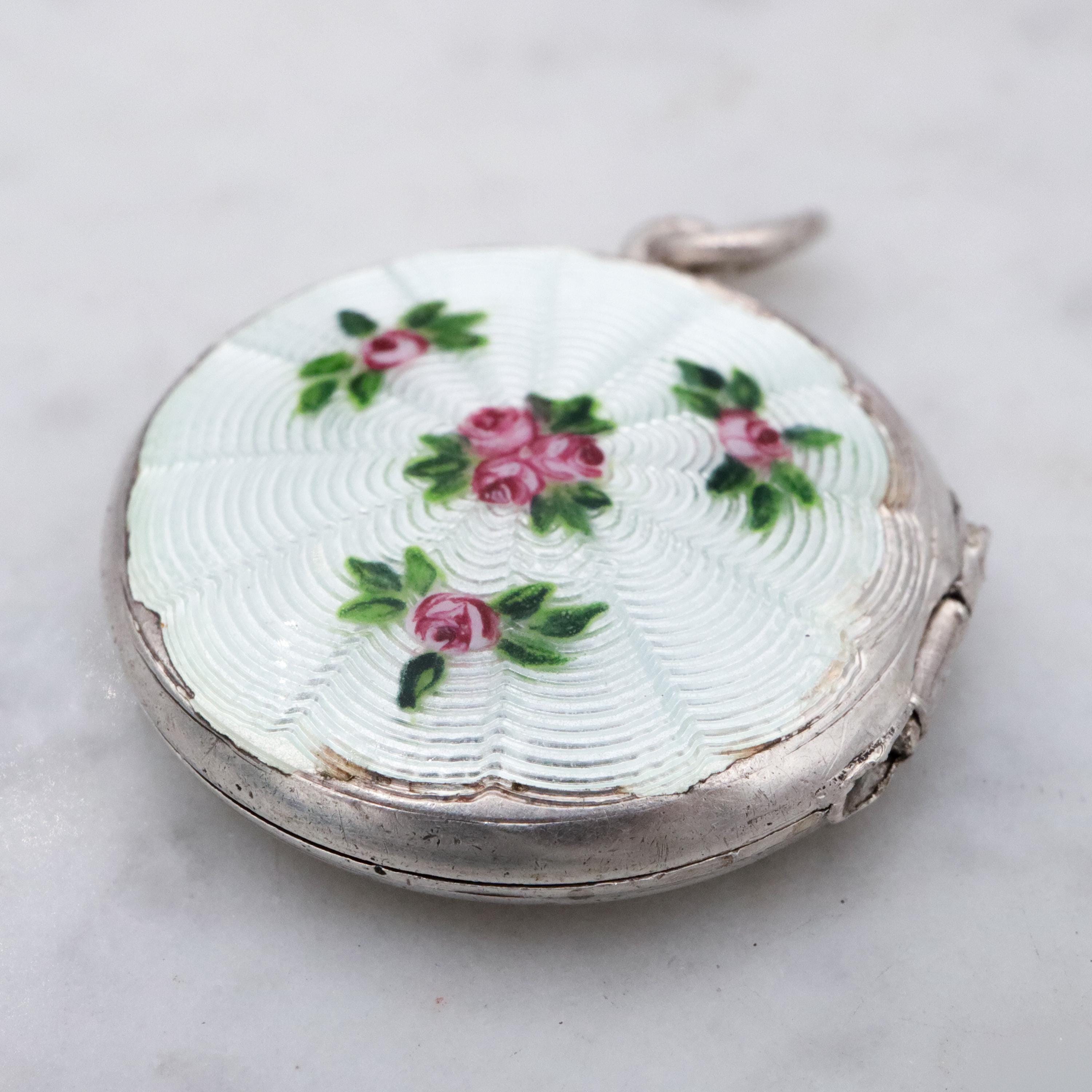 Edwardian sterling white enamel rosebud round locket pendant by John Atkins & Son