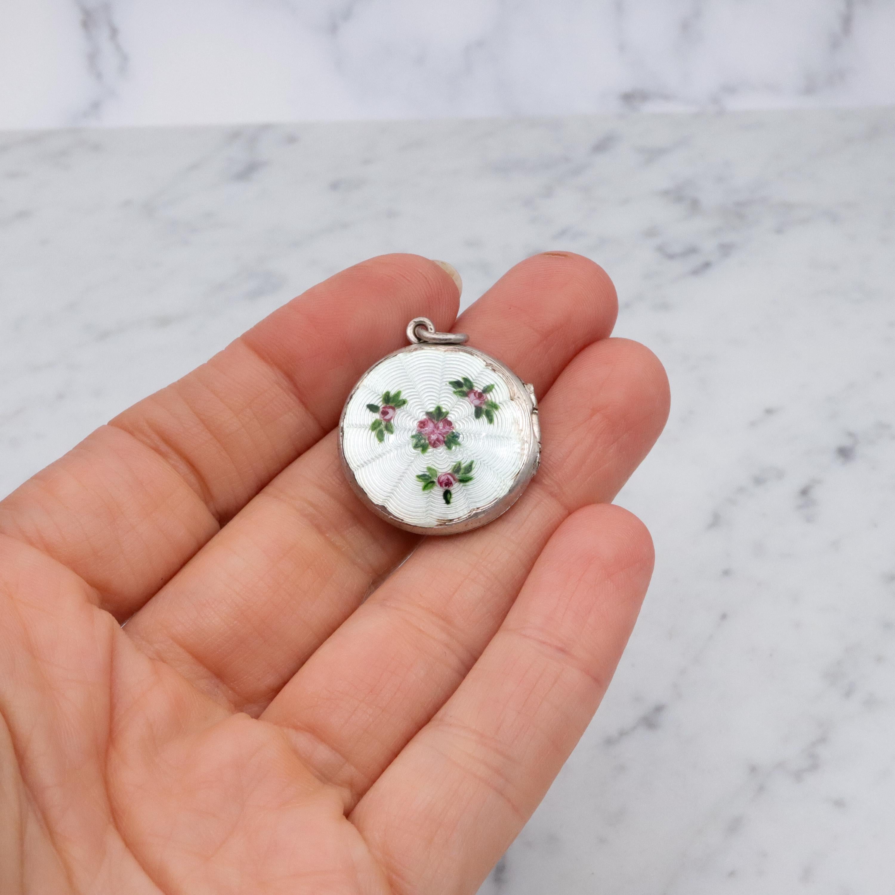 Edwardian sterling white enamel rosebud round locket pendant by John Atkins & Son