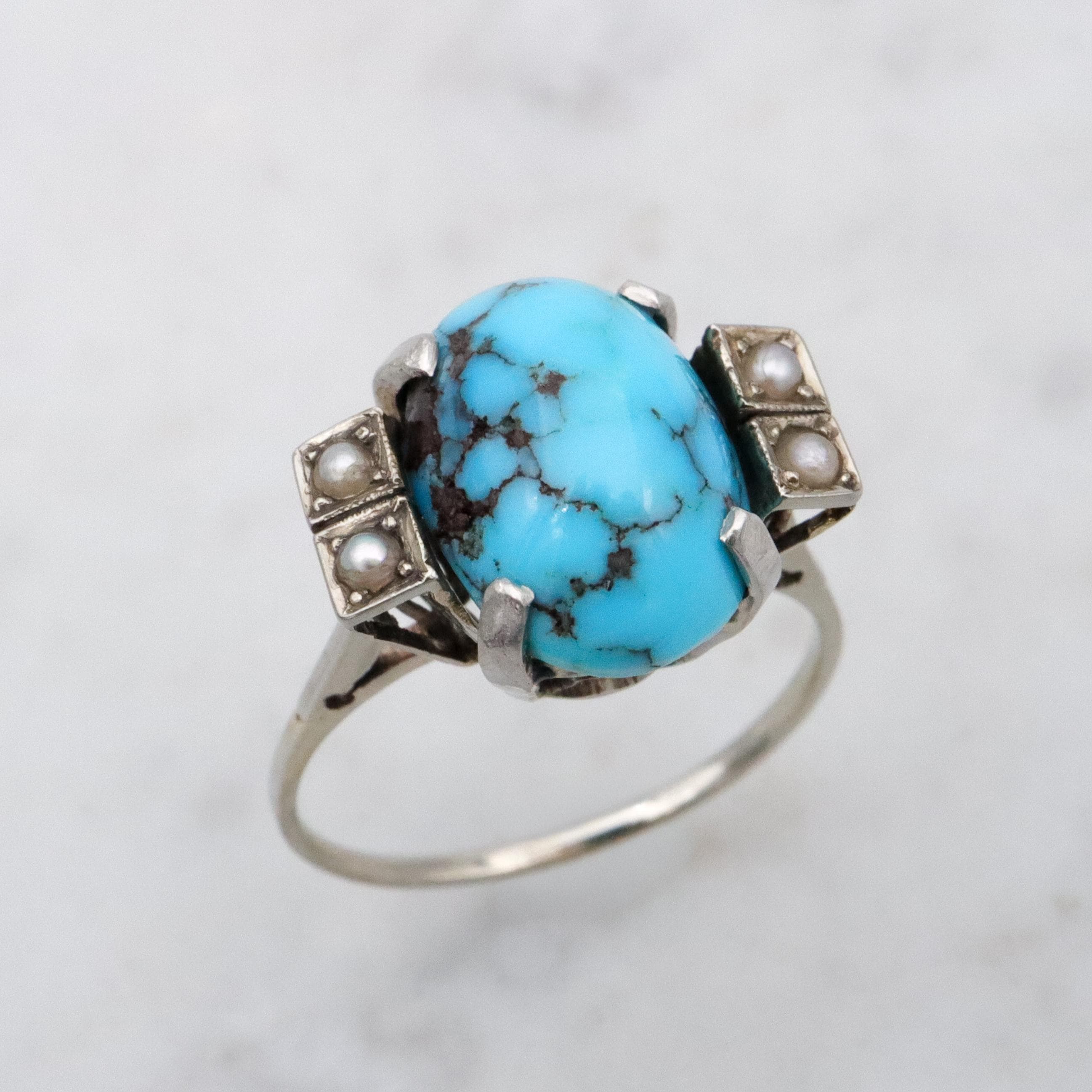 Art Deco 14k white gold turquoise pearl filigree ring, size 6.5