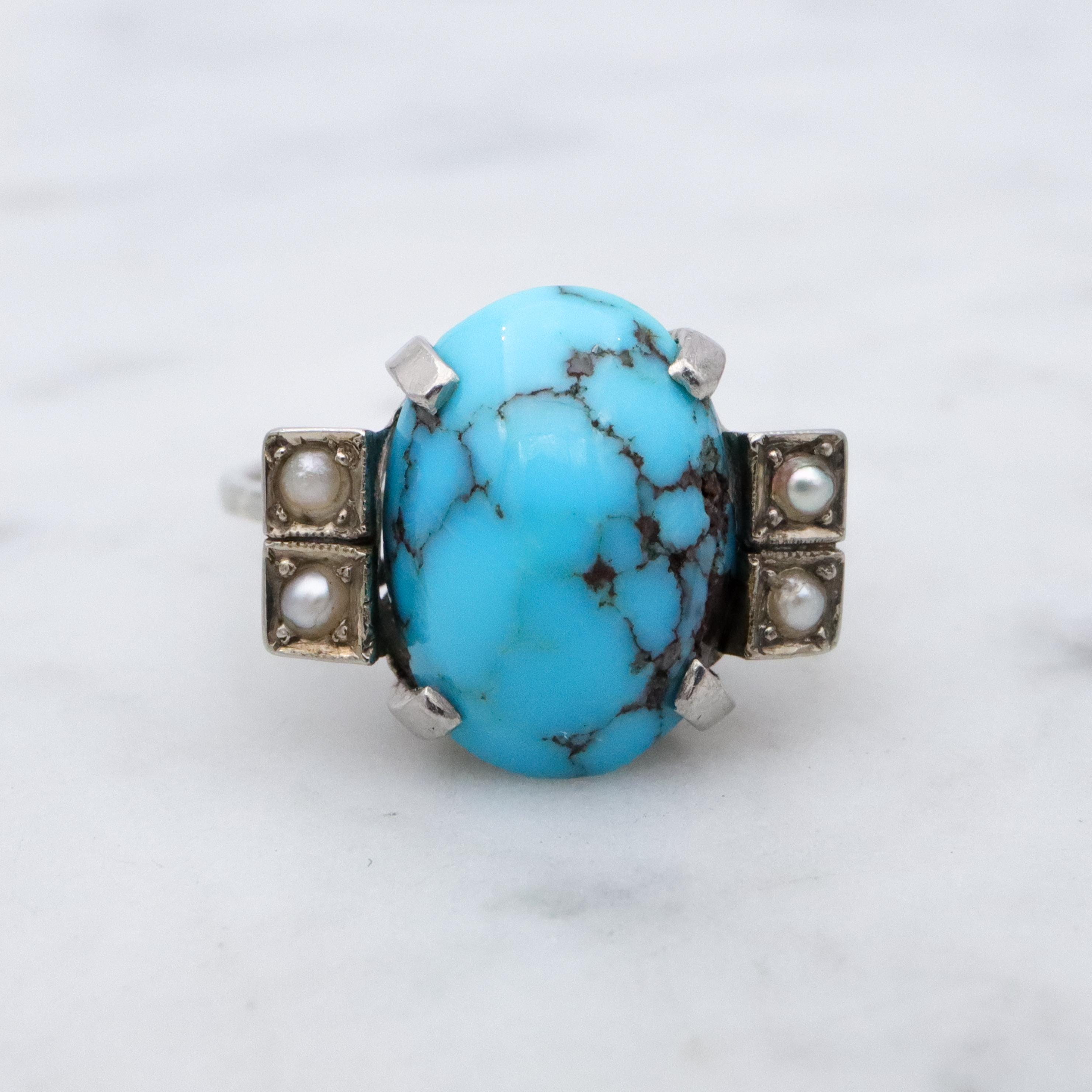 Art Deco 14k white gold turquoise pearl filigree ring, size 6.5