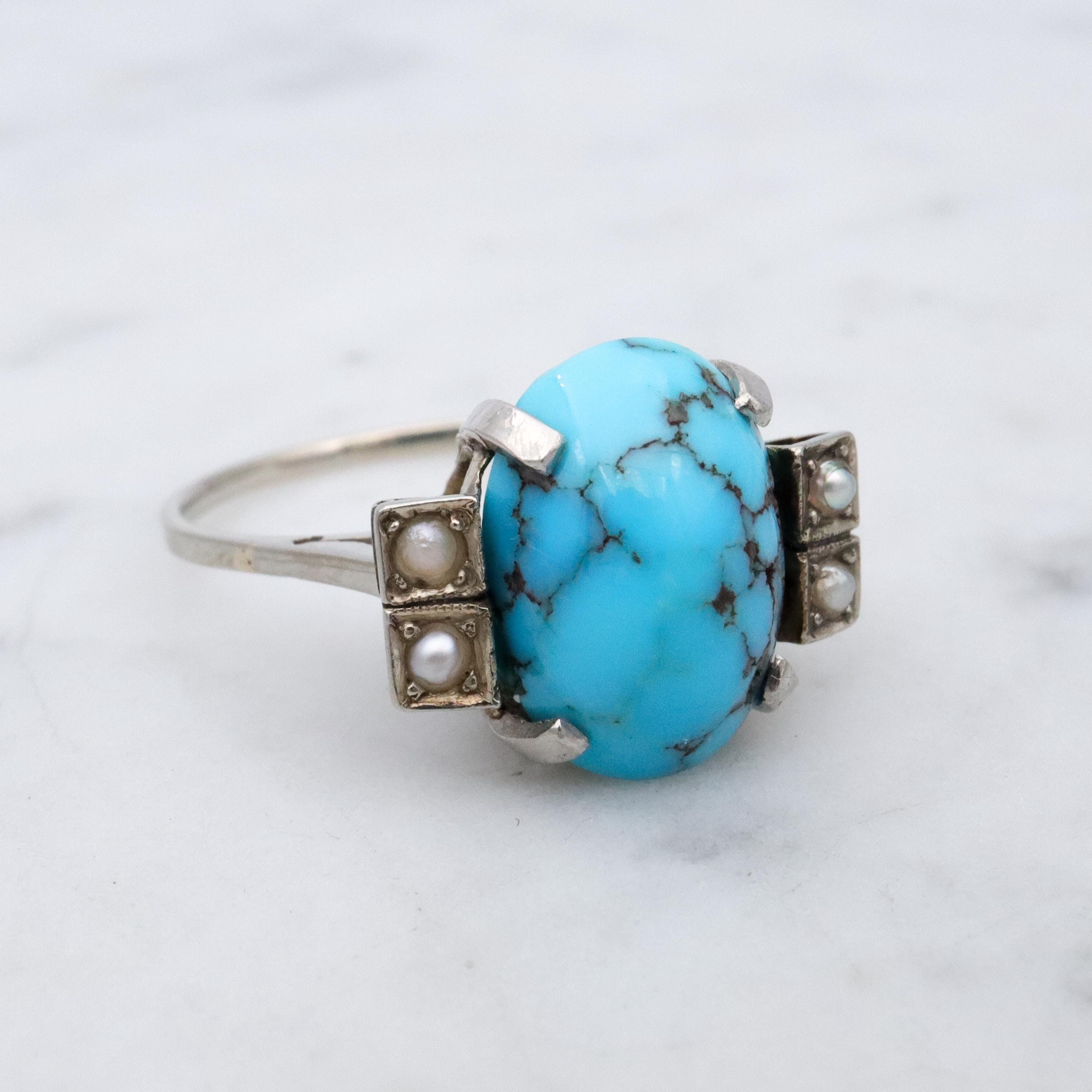 Art Deco 14k white gold turquoise pearl filigree ring, size 6.5