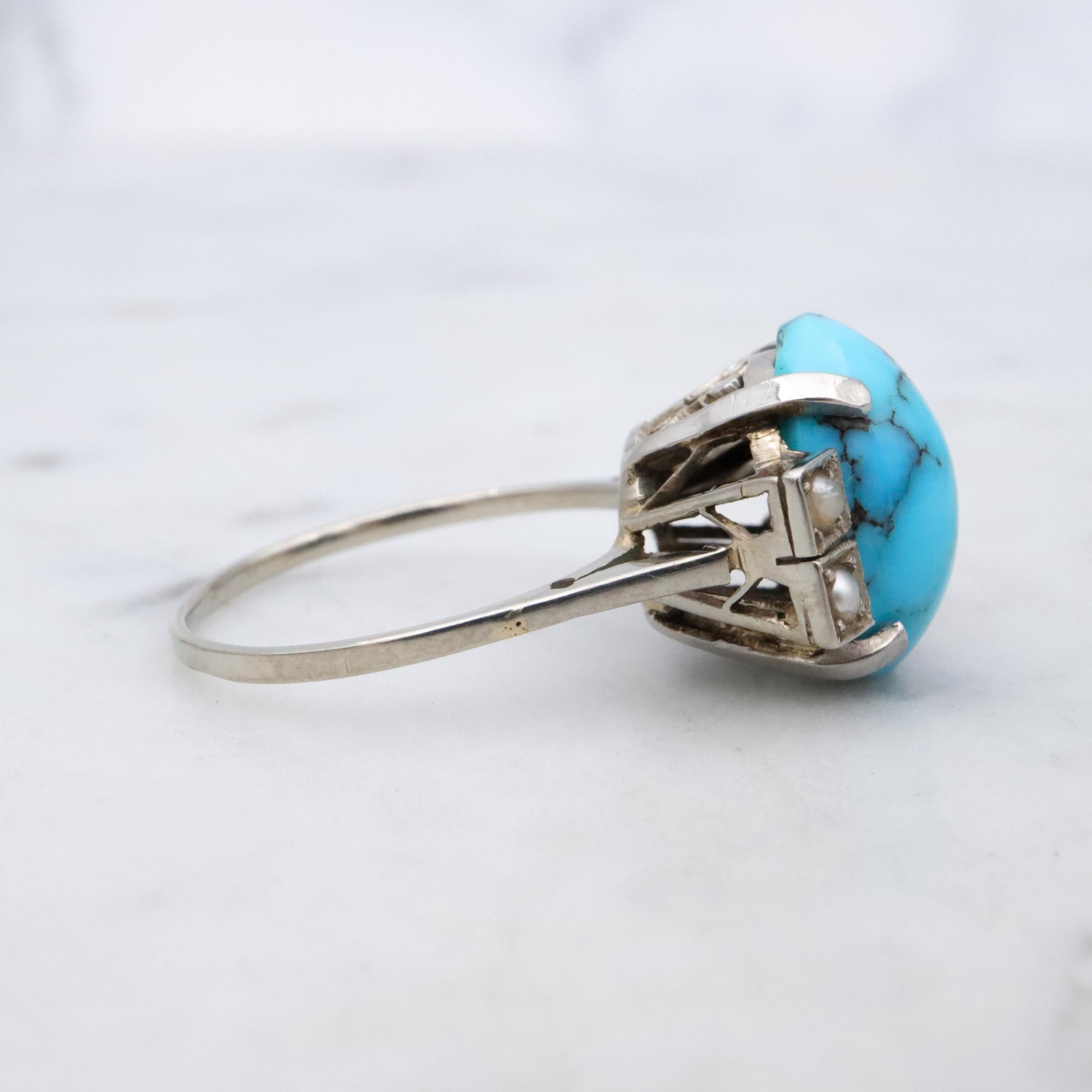 Art Deco 14k white gold turquoise pearl filigree ring, size 6.5