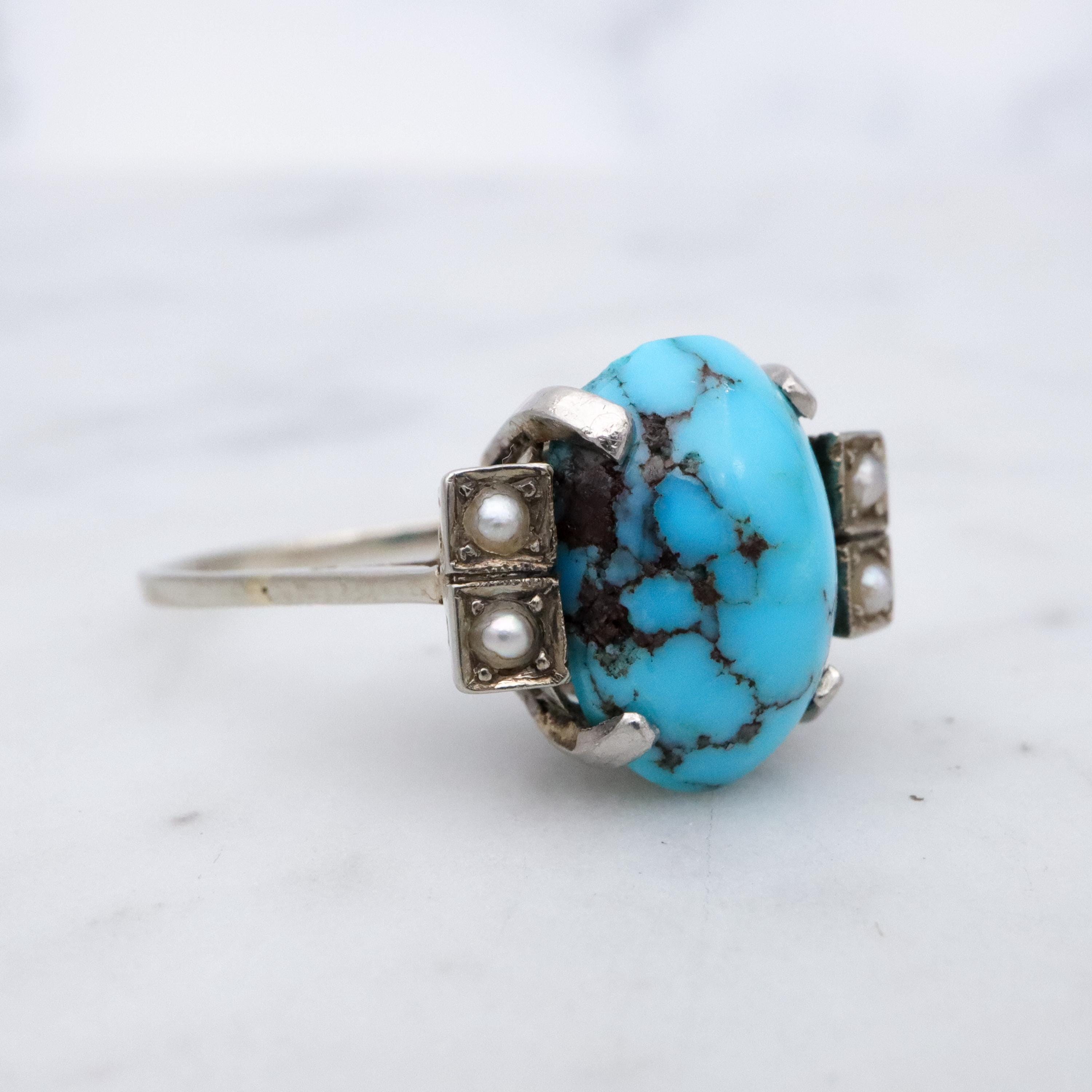 Art Deco 14k white gold turquoise pearl filigree ring, size 6.5