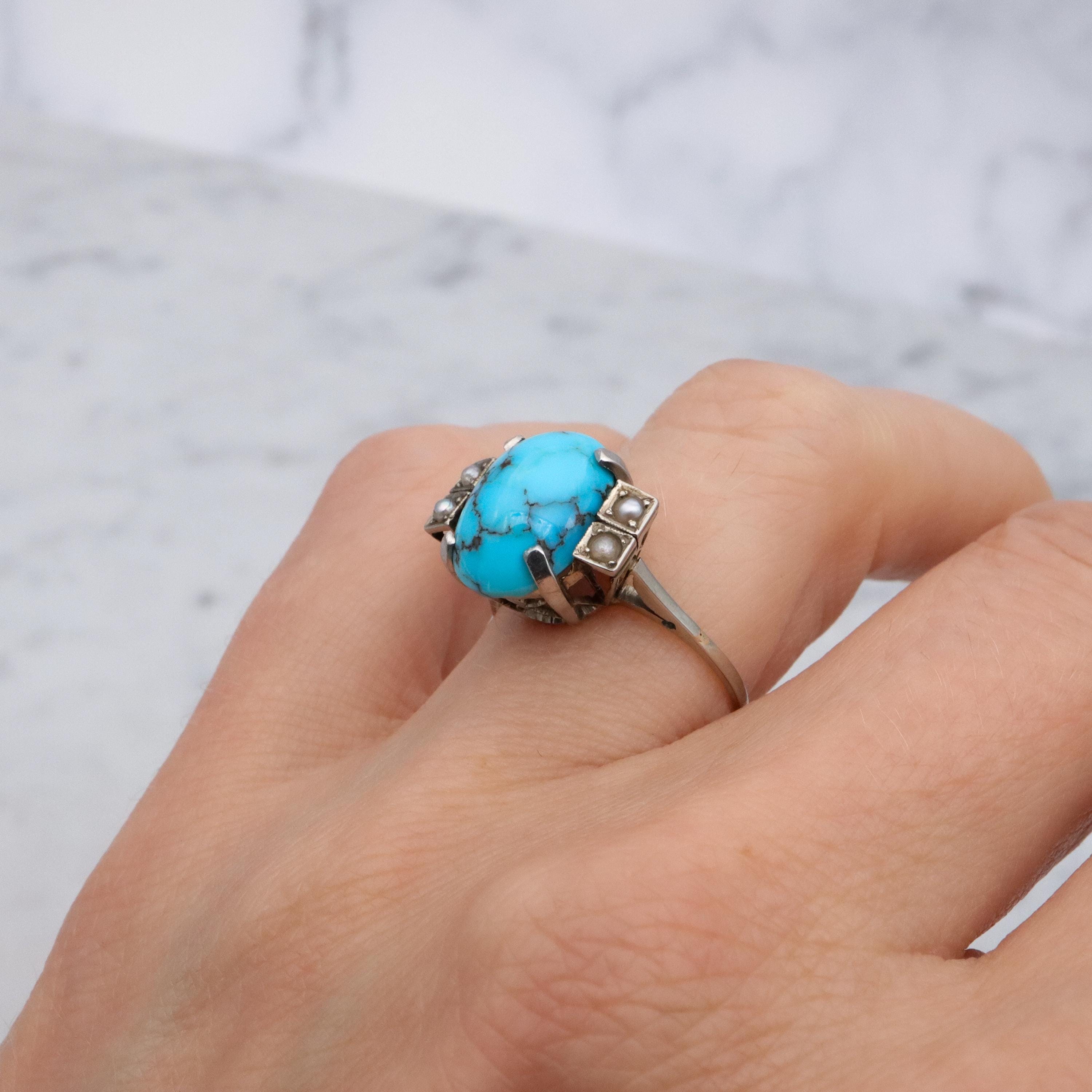 Art Deco 14k white gold turquoise pearl filigree ring, size 6.5