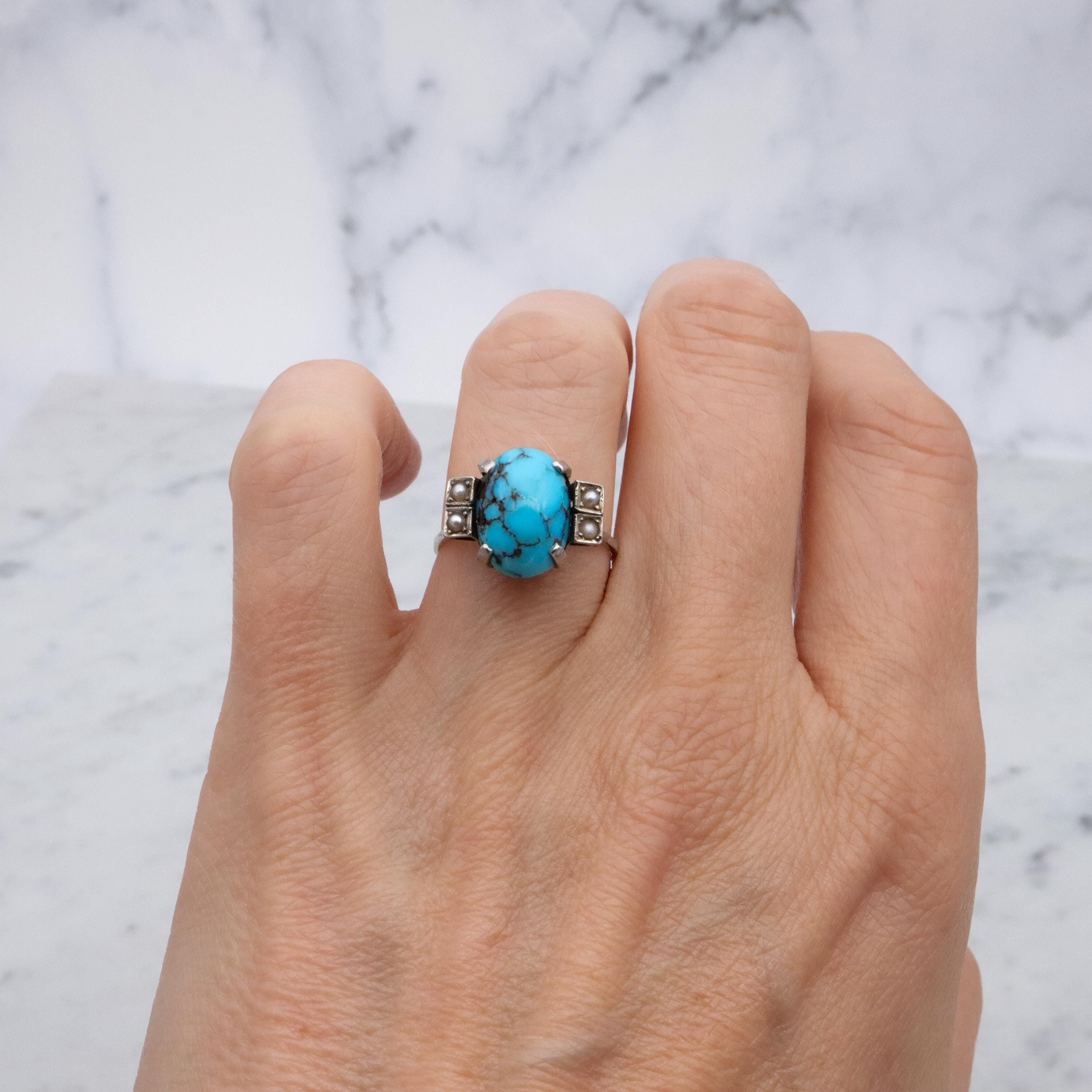 Art Deco 14k white gold turquoise pearl filigree ring, size 6.5