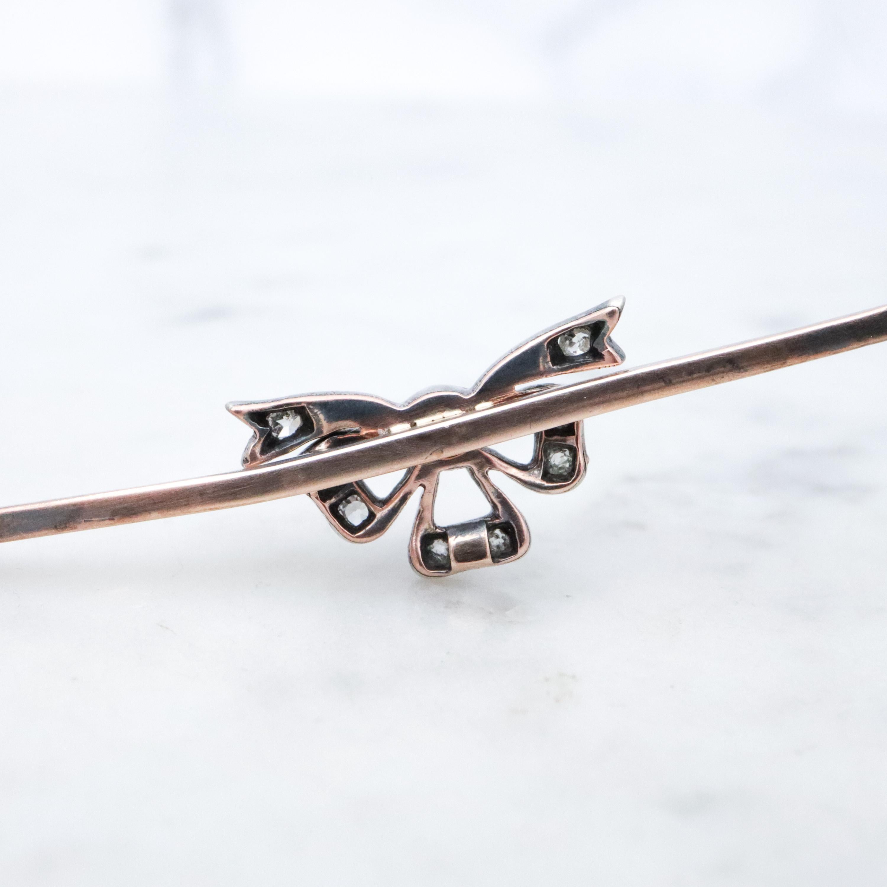 Victorian gold & silver bow bar pin w/old mine cut diamonds