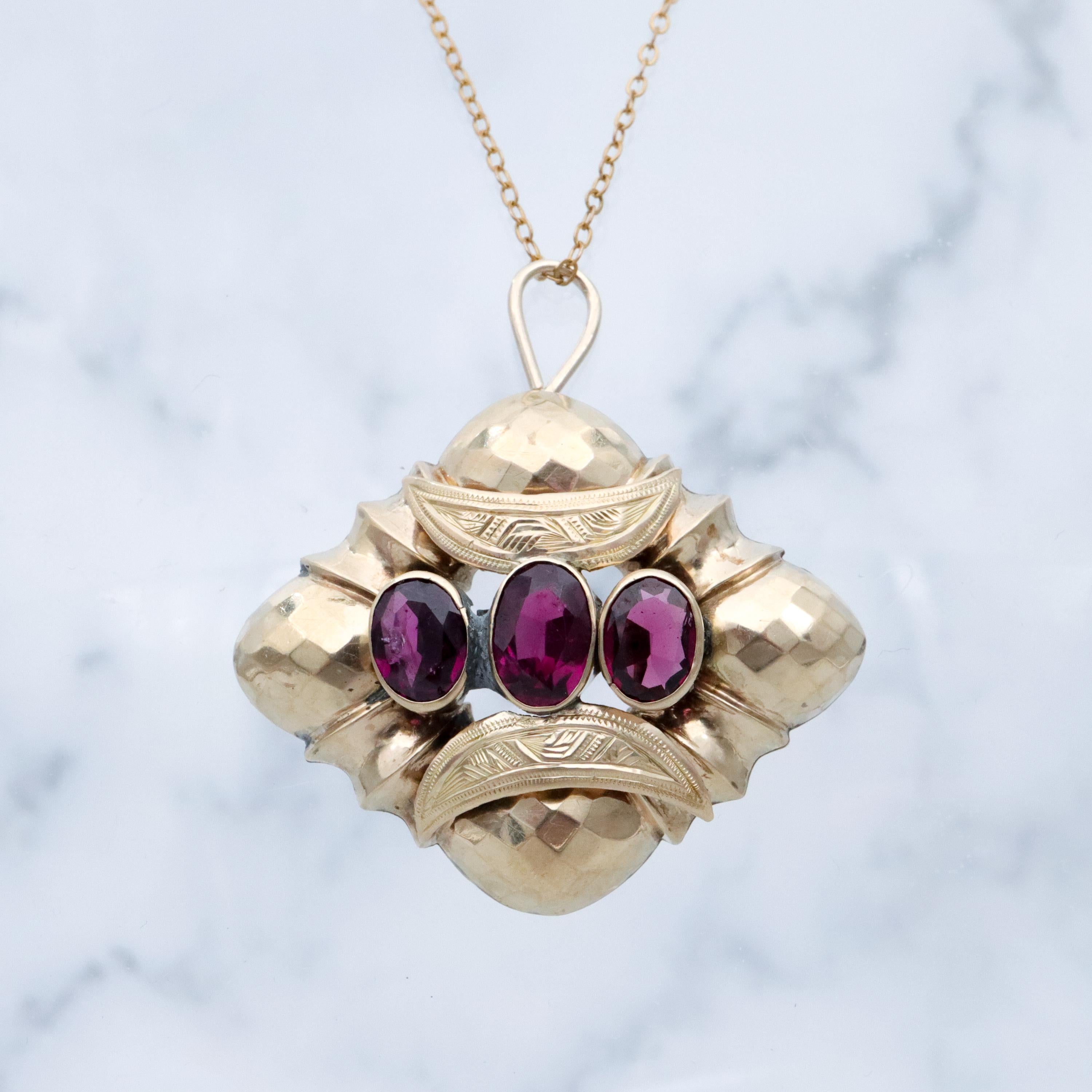 Antique Victorian 10k gold rhodolite garnet faceted diamond shaped pendant conversion